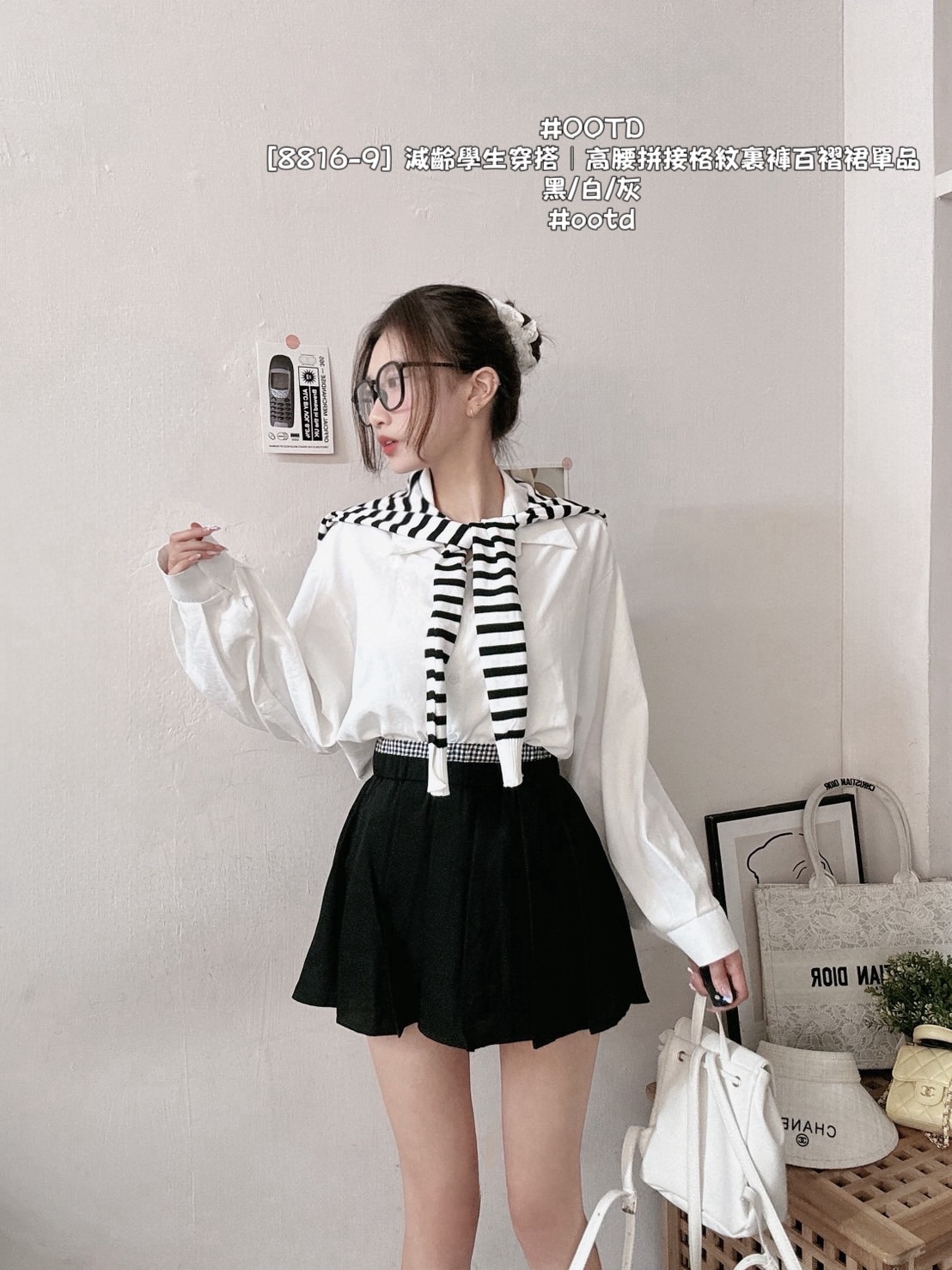[8816-9] 減齡學生穿搭｜高腰拼接格紋裏褲百褶裙單品 (2)