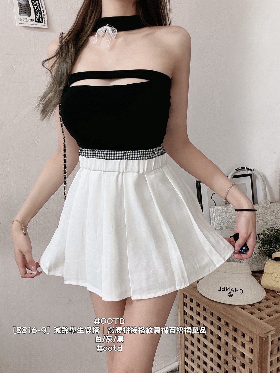 [8816-9] 減齡學生穿搭｜高腰拼接格紋裏褲百褶裙單品 (7)