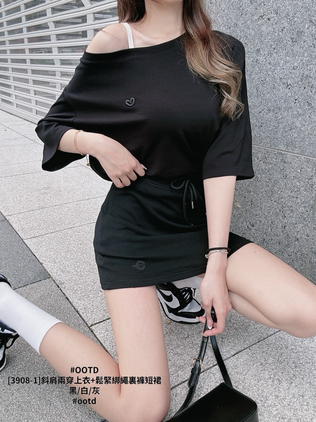 [3908-1]斜肩兩穿上衣+鬆緊綁繩裏褲短裙 (7)