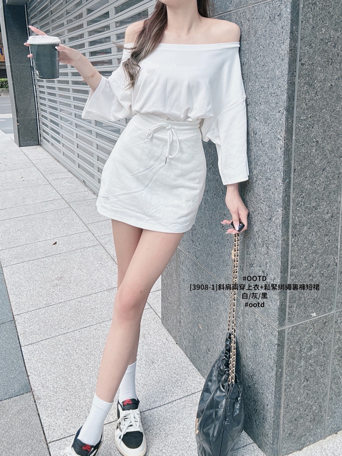 [3908-1]斜肩兩穿上衣+鬆緊綁繩裏褲短裙