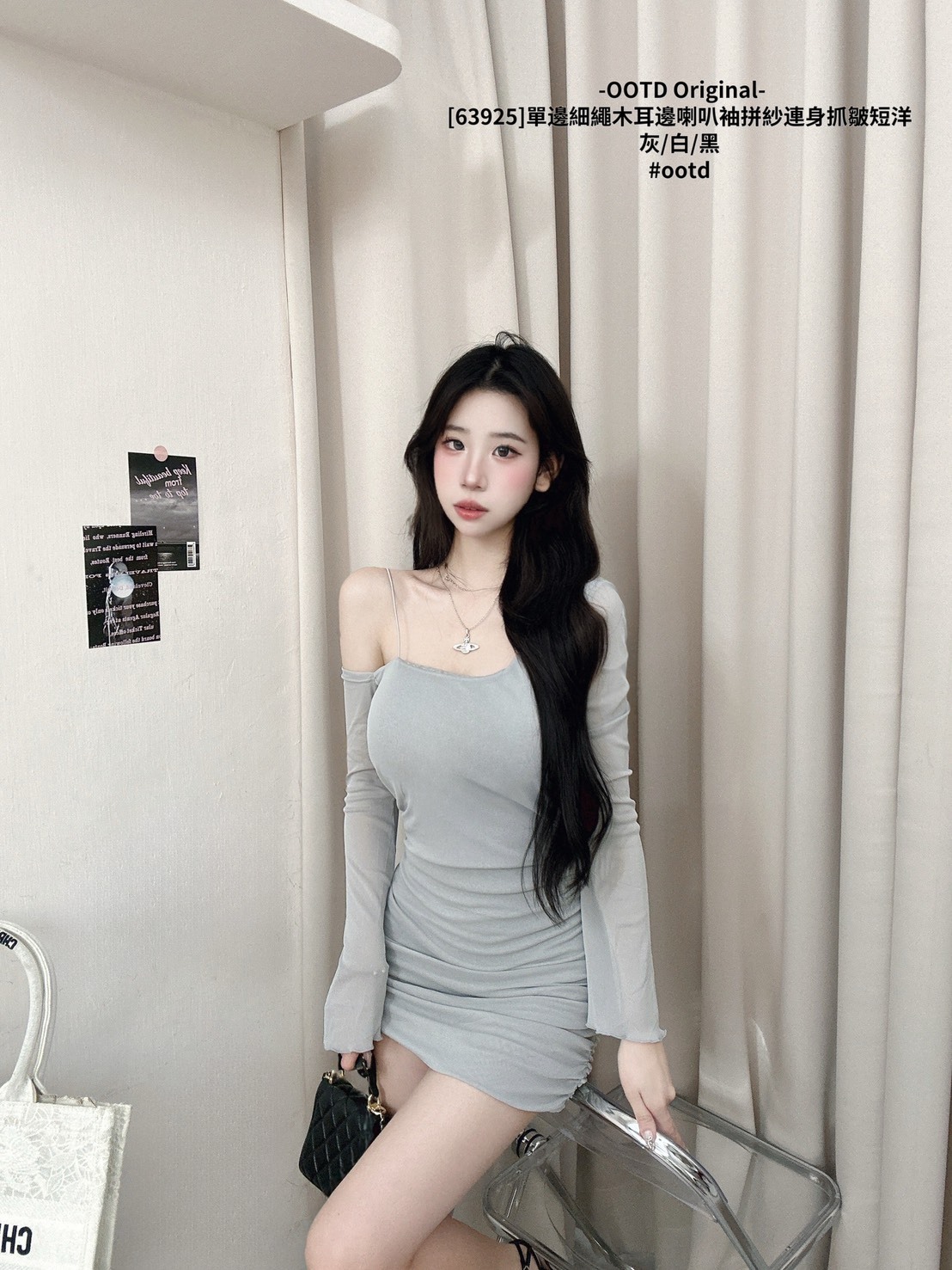 [63925]單邊細繩木耳邊喇叭袖拼紗連身抓皺短洋 (7)