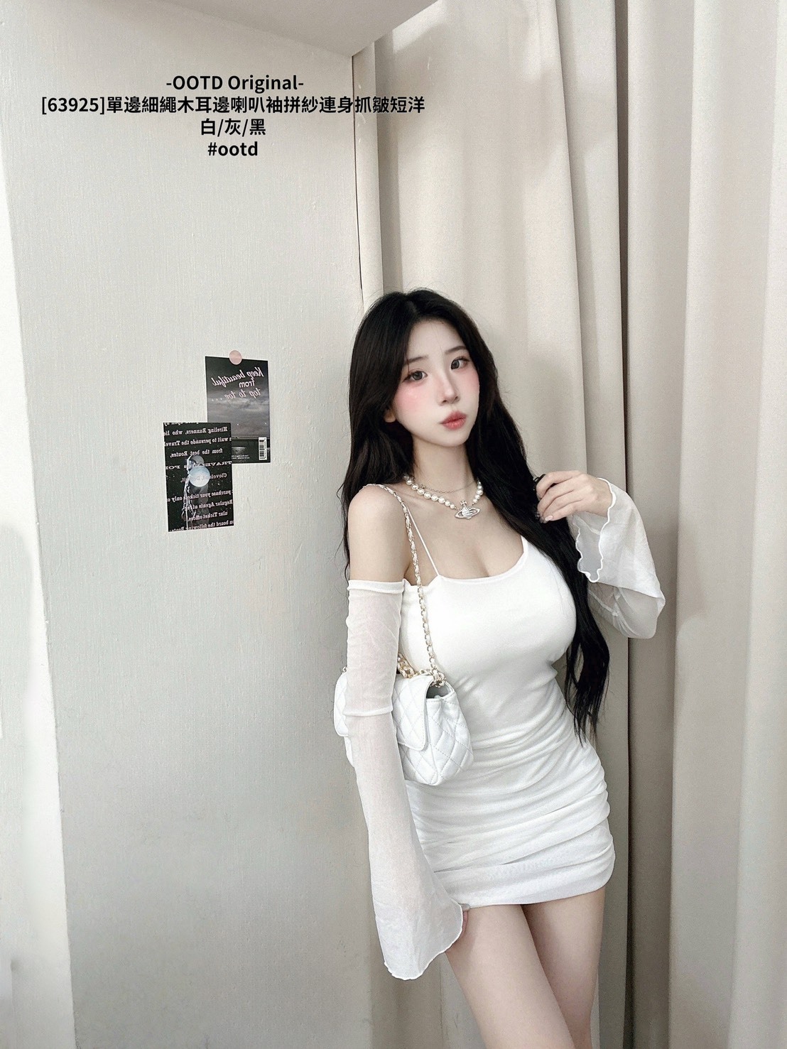 [63925]單邊細繩木耳邊喇叭袖拼紗連身抓皺短洋 (9)