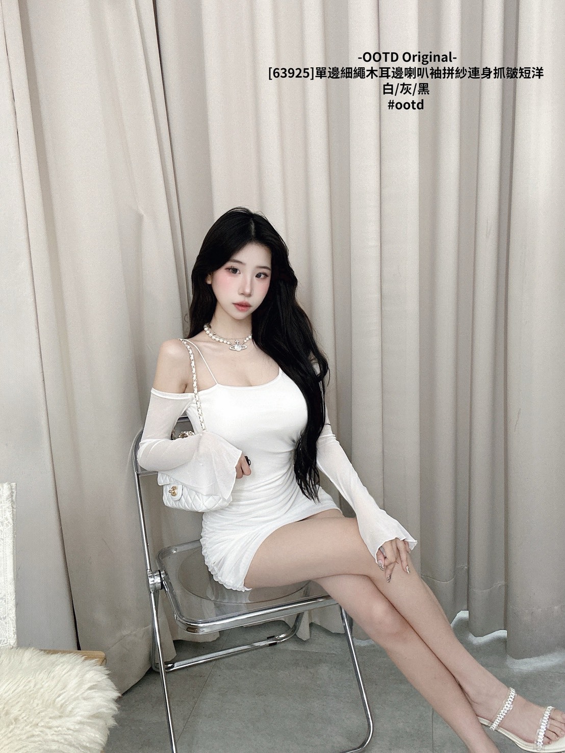 [63925]單邊細繩木耳邊喇叭袖拼紗連身抓皺短洋 (12)