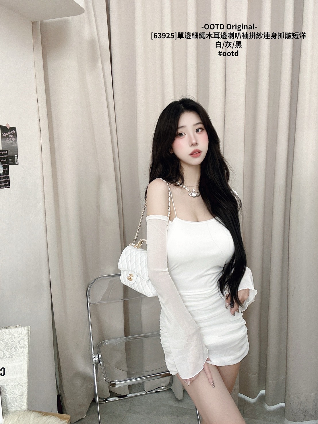 [63925]單邊細繩木耳邊喇叭袖拼紗連身抓皺短洋 (10)