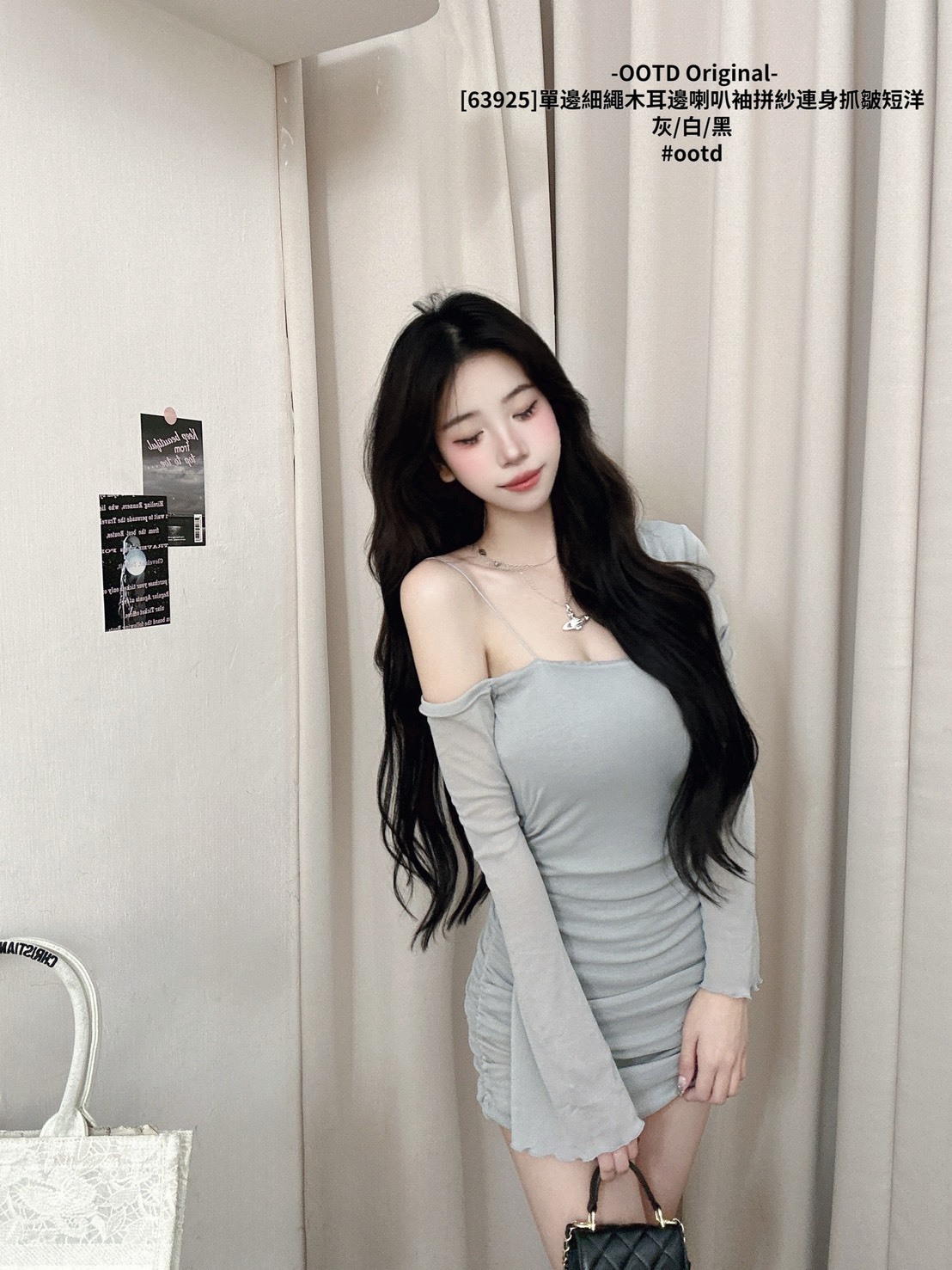 [63925]單邊細繩木耳邊喇叭袖拼紗連身抓皺短洋 (8)