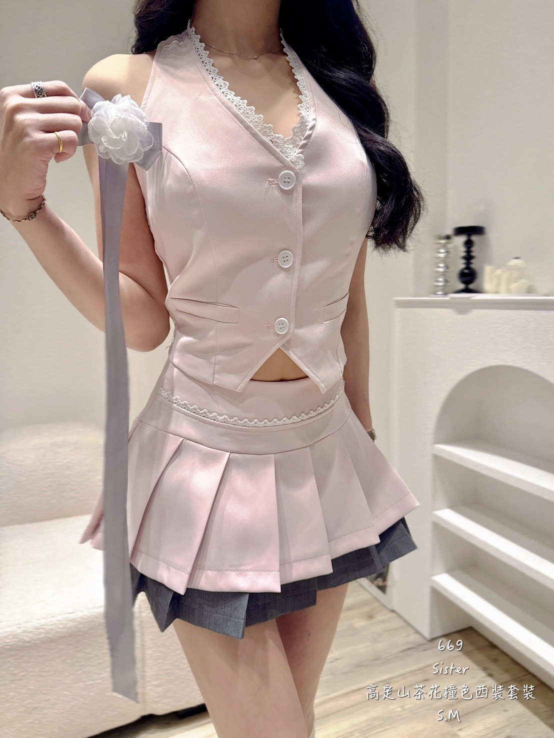 669高定山茶花撞色西裝套