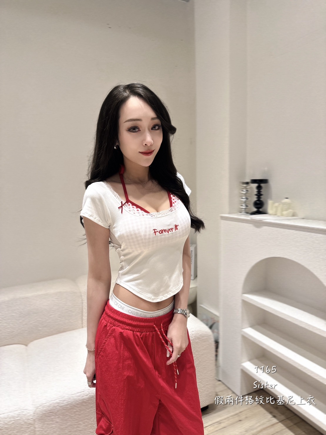 1165假兩件格紋比基尼上衣