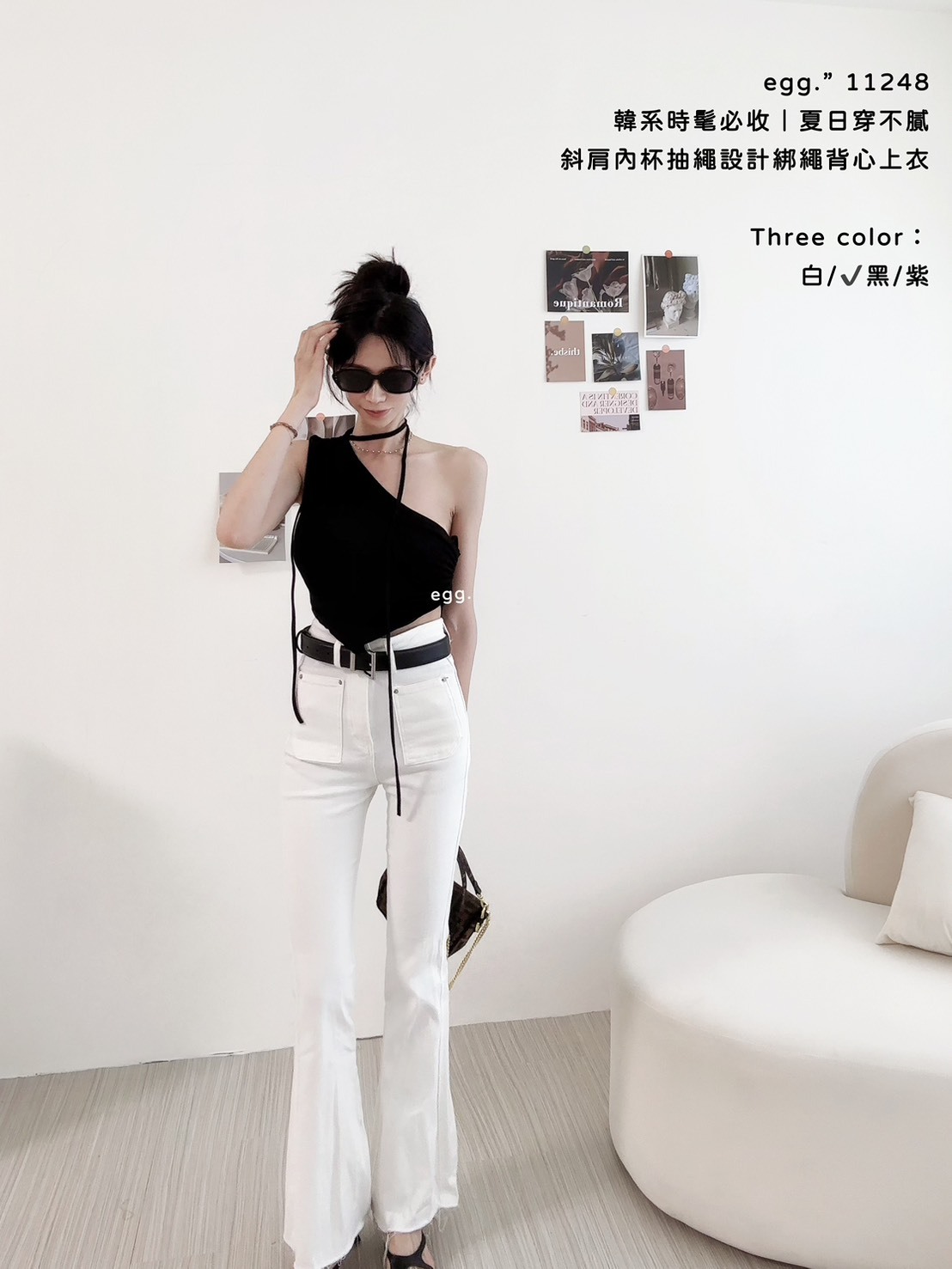 11248韓系時髦必收｜夏日穿不膩斜肩內杯抽繩設計綁繩背心上衣 (3)