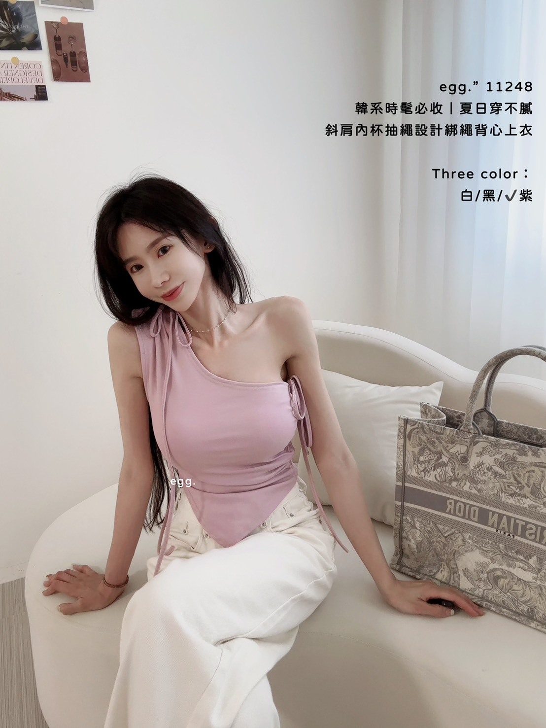 11248韓系時髦必收｜夏日穿不膩斜肩內杯抽繩設計綁繩背心上衣 (5)