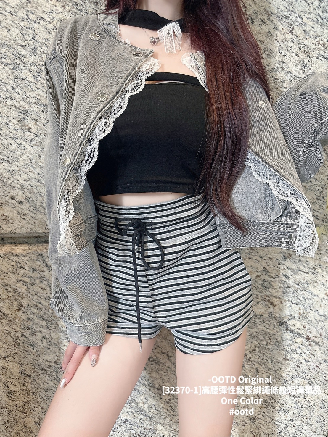 [32370-1]高腰彈性鬆緊綁繩條紋短褲單品 (3)