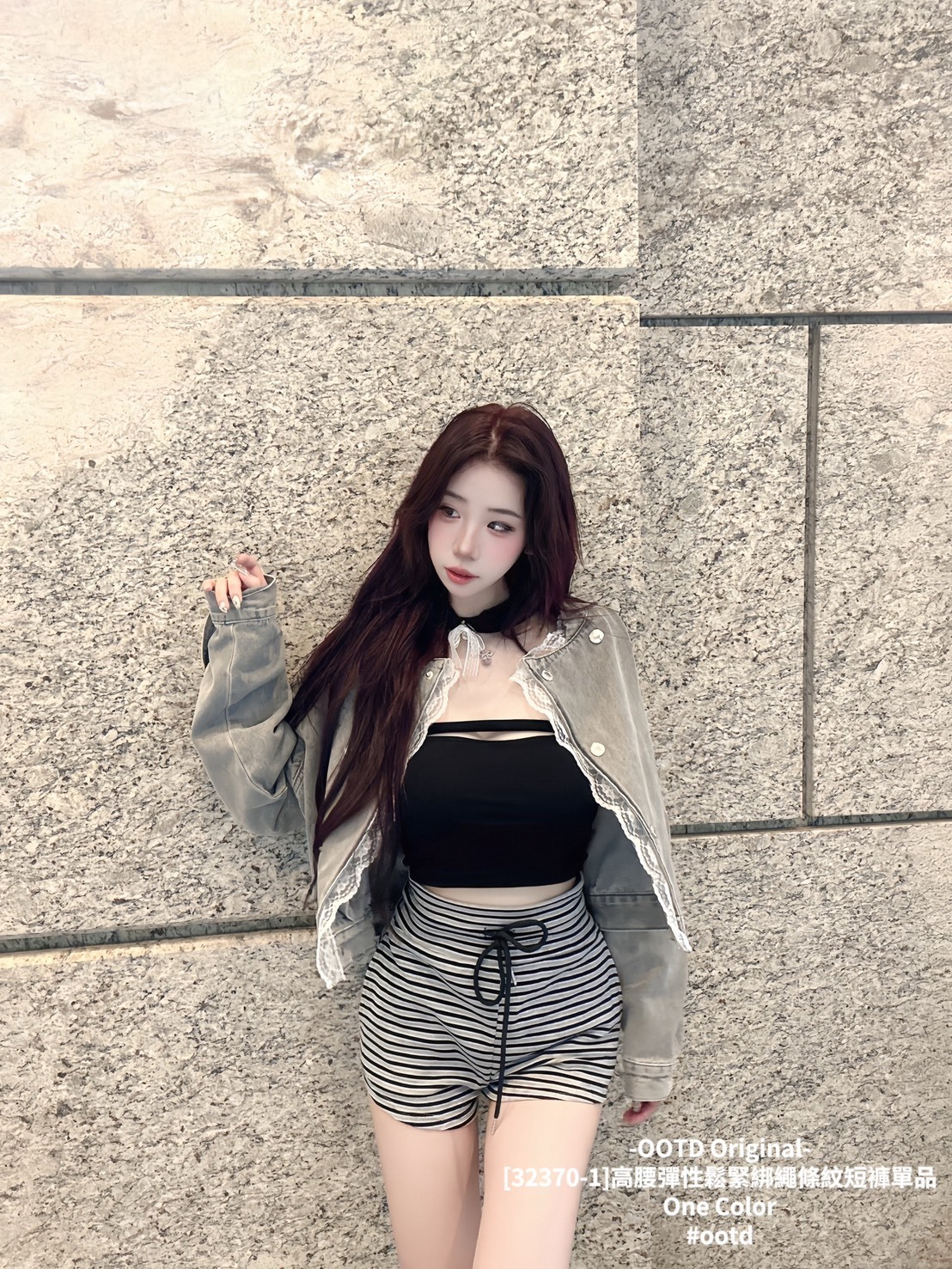 [32370-1]高腰彈性鬆緊綁繩條紋短褲單品 (2)