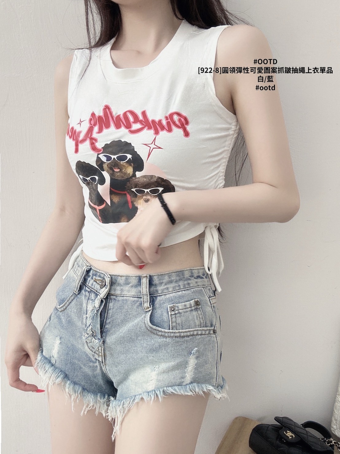 [922-8]圓領彈性可愛圖案抓皺抽繩上衣單品 (2)