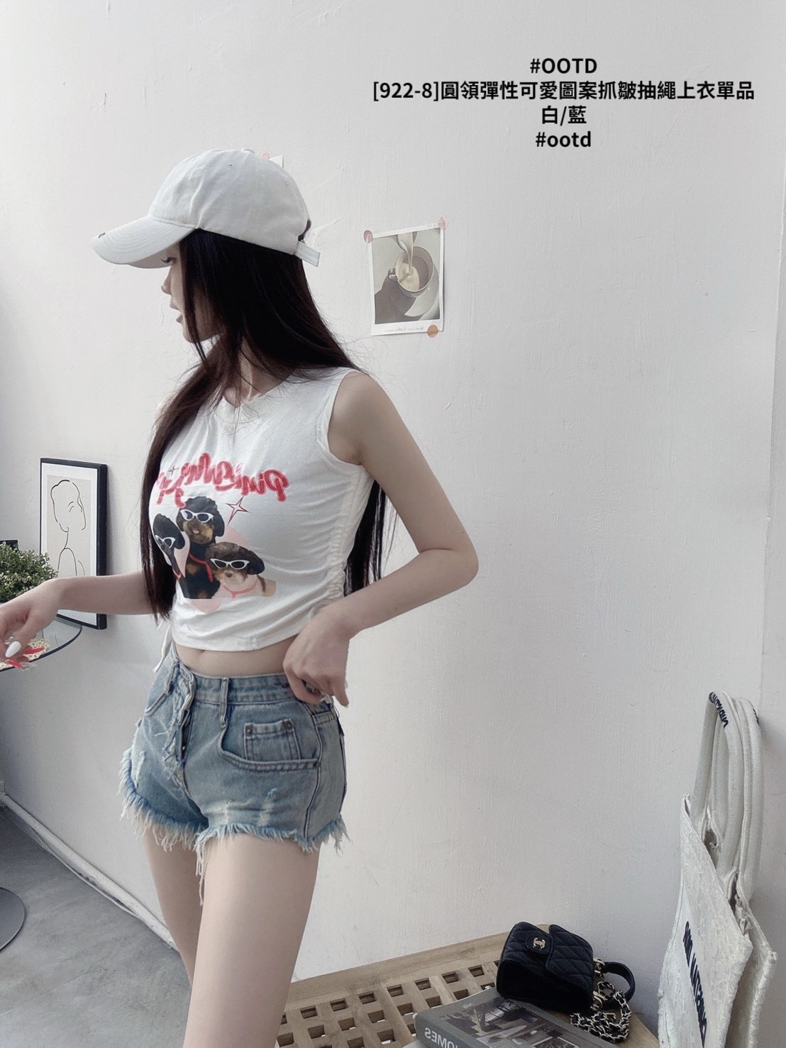 [922-8]圓領彈性可愛圖案抓皺抽繩上衣單品