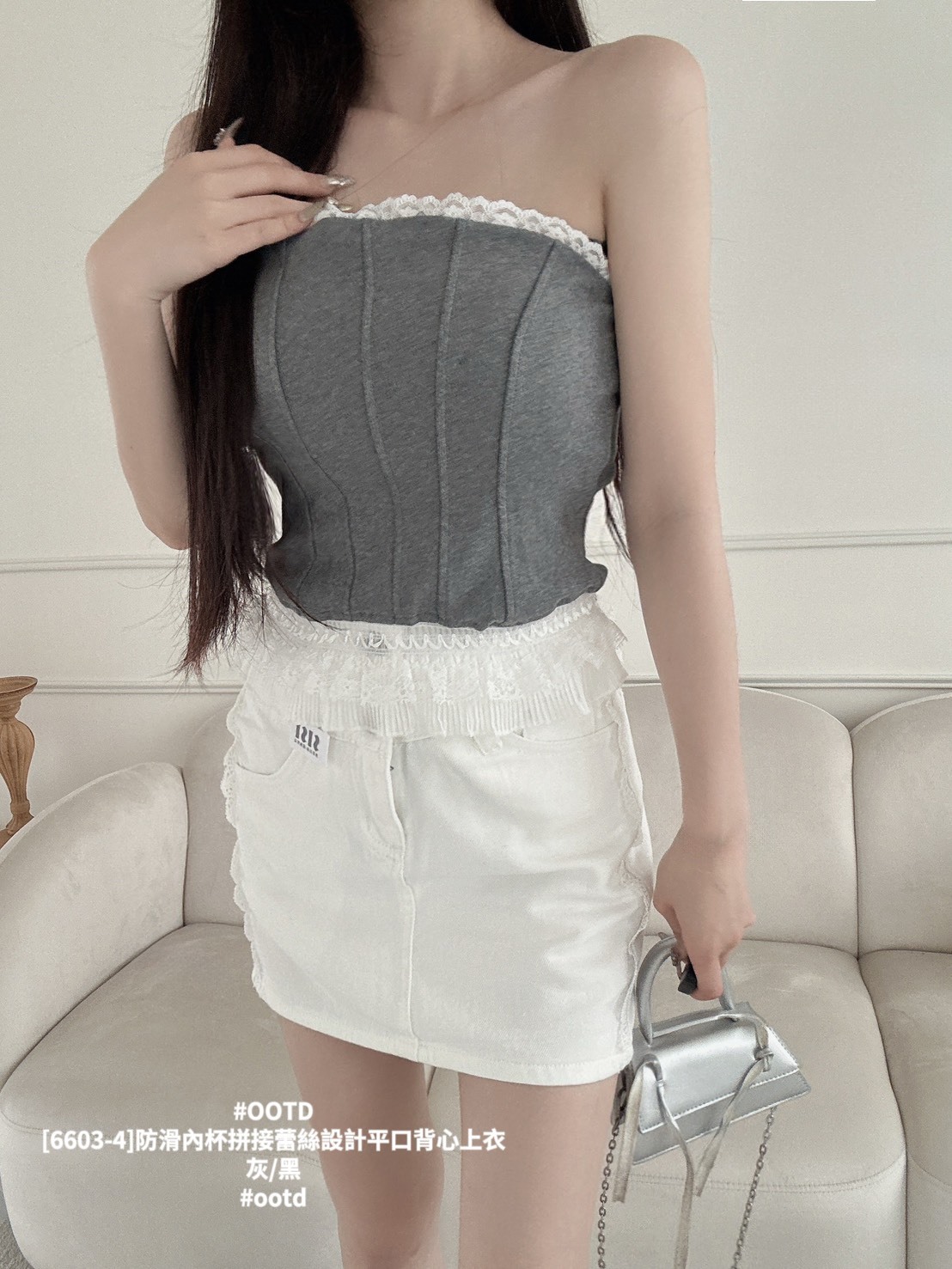 [6603-4]防滑內杯拼接蕾絲設計平口背心上衣