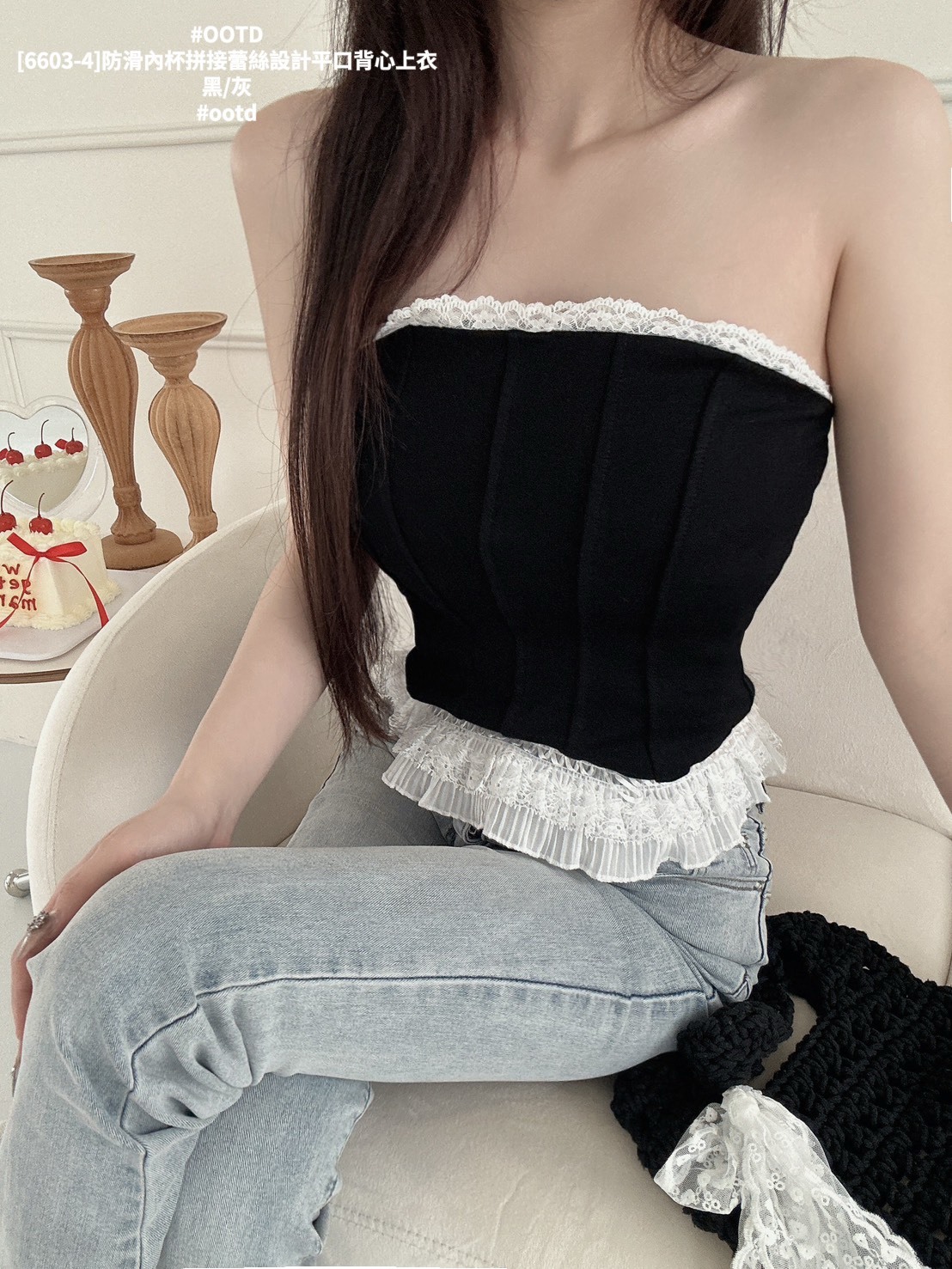 [6603-4]防滑內杯拼接蕾絲設計平口背心上衣 (3)
