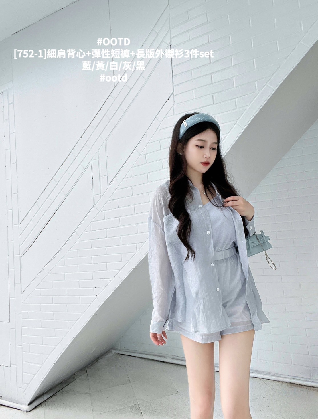 [752-1]細肩背心+彈性短褲+長版外襯衫3件set (5)