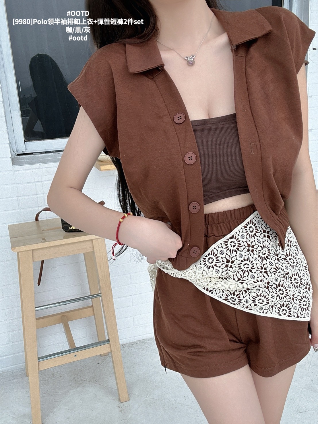 [9980]Polo領半袖排釦上衣+彈性短褲2件set (2)