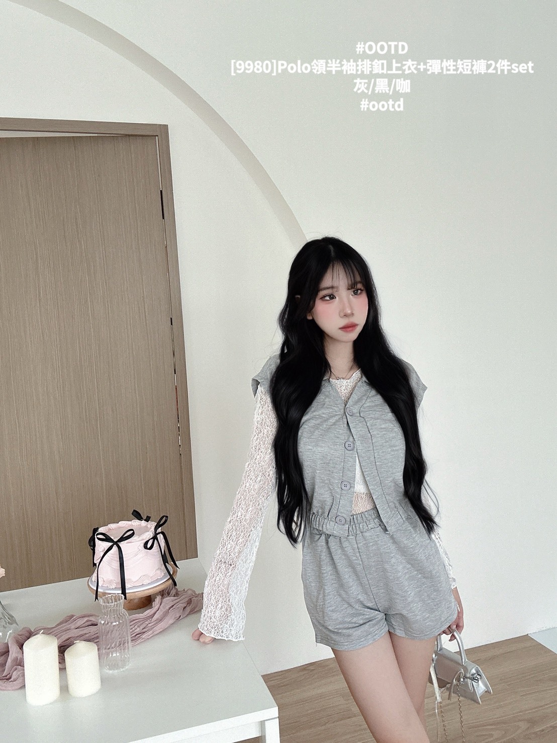[9980]Polo領半袖排釦上衣+彈性短褲2件set (4)