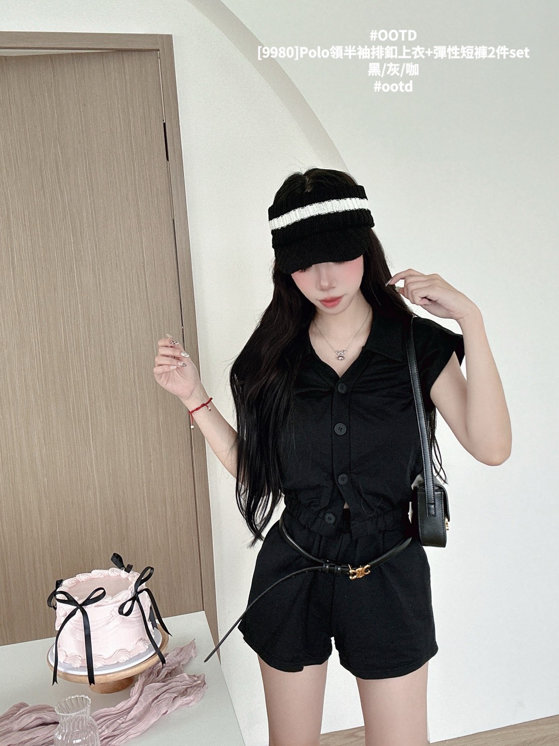 [9980]Polo領半袖排釦上衣+彈性短褲2件set (5)
