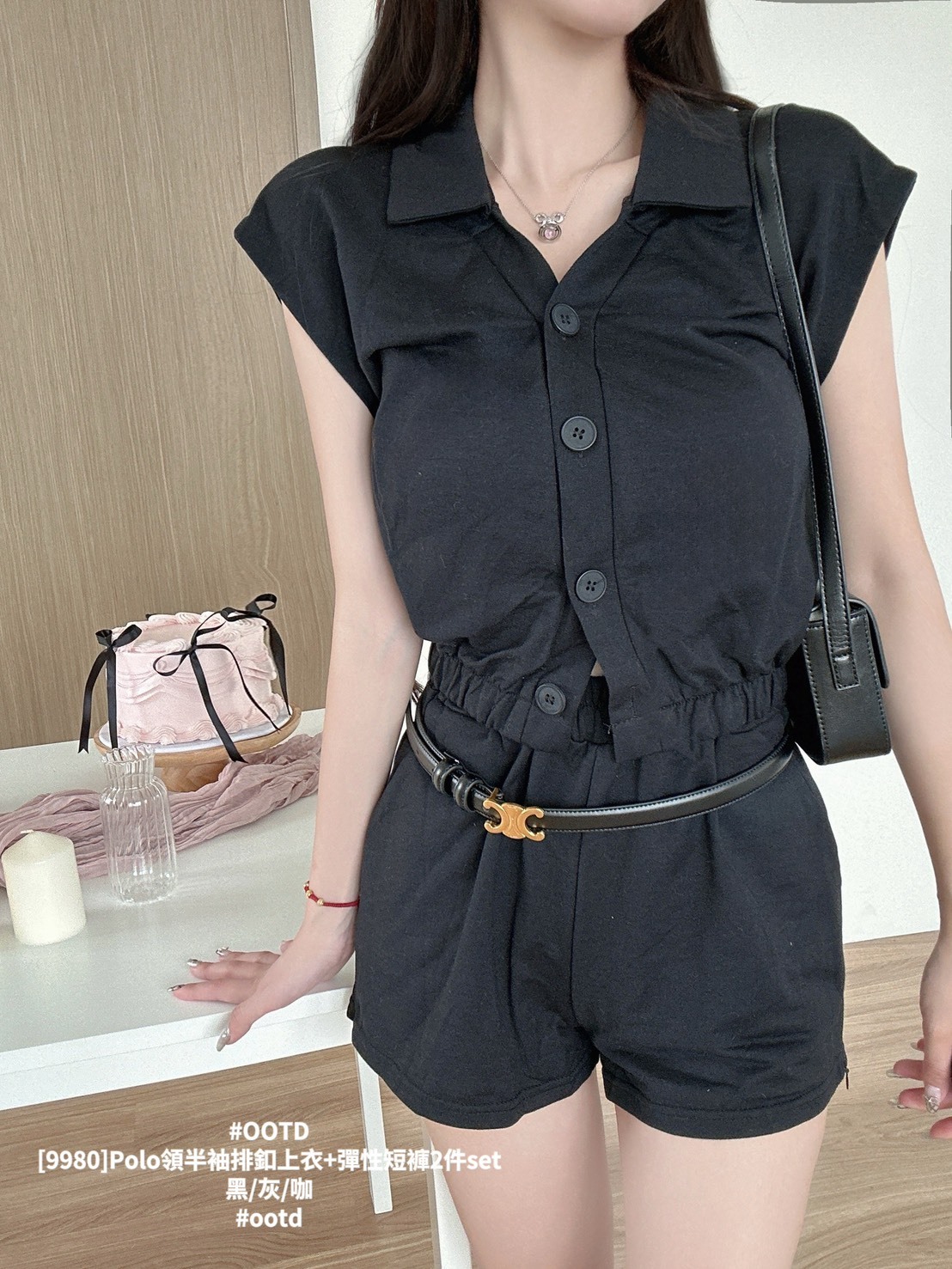 [9980]Polo領半袖排釦上衣+彈性短褲2件set (6)