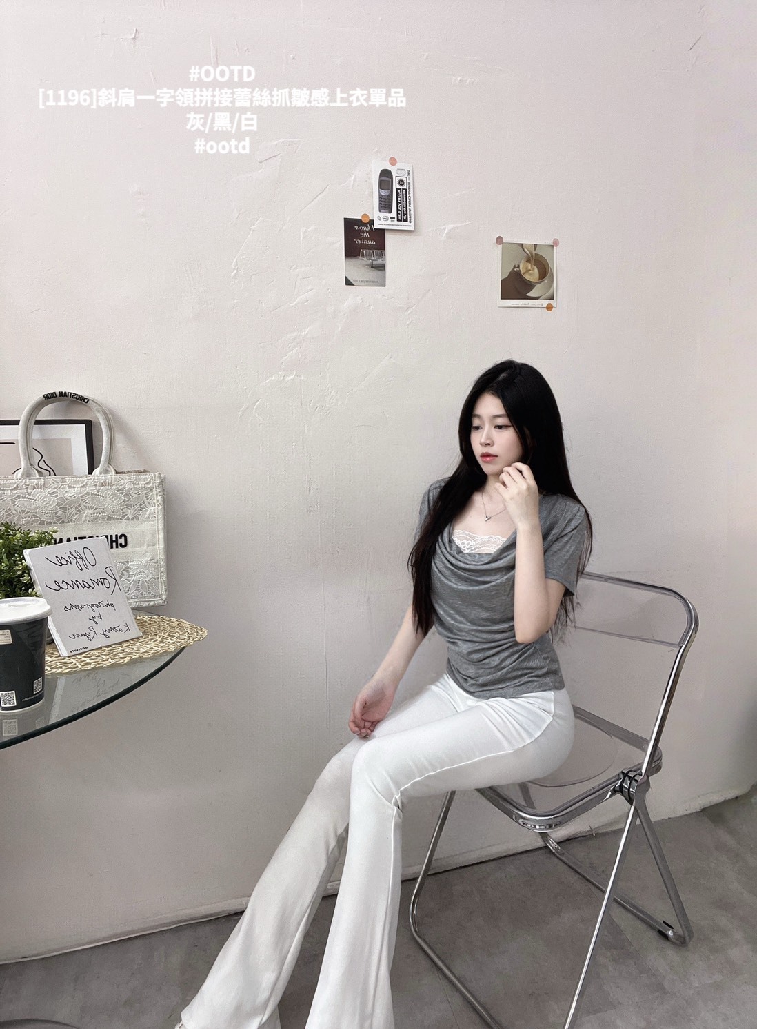 [1196]斜肩一字領拼接蕾絲抓皺感上衣單品 (4)