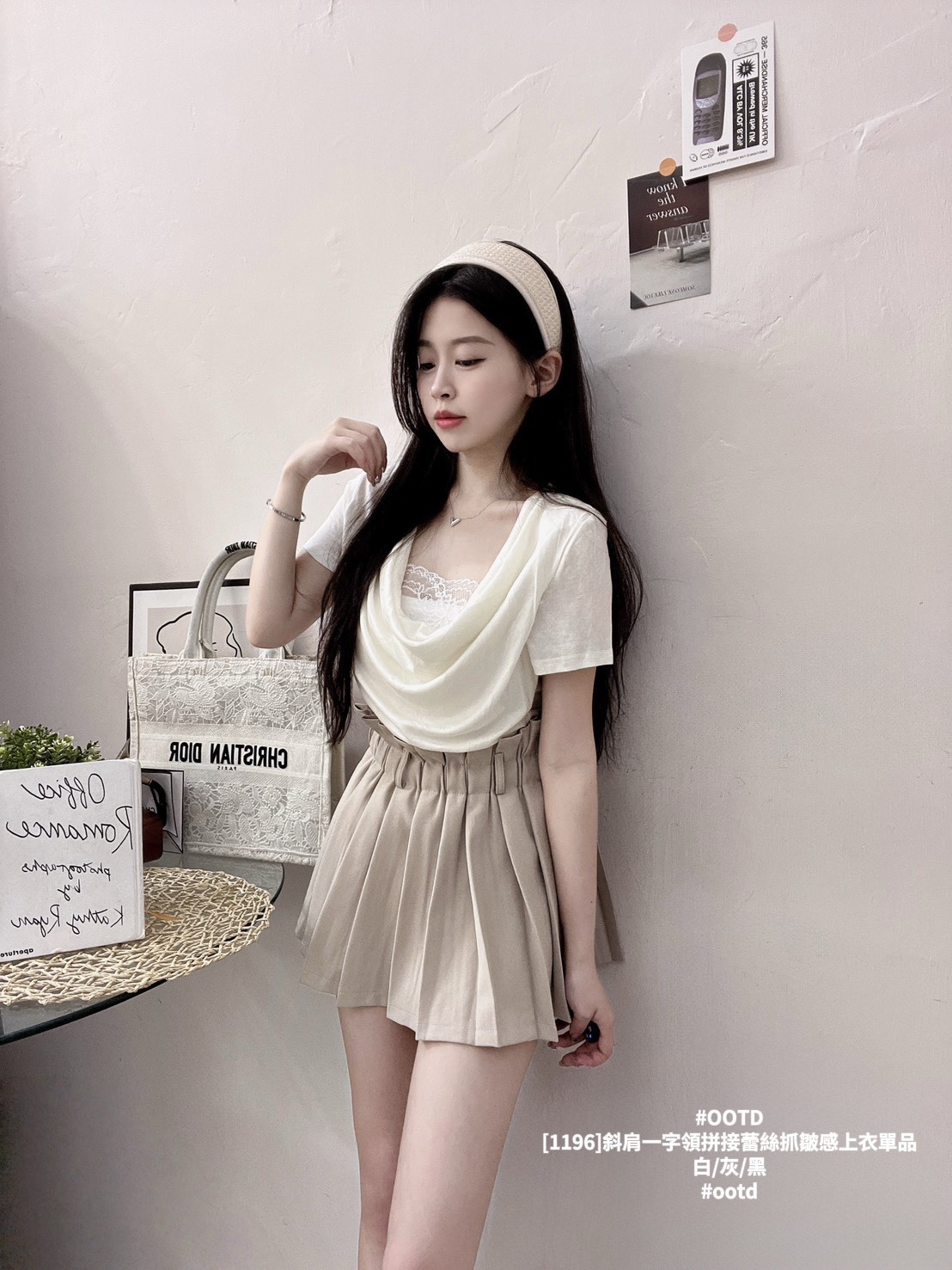 [1196]斜肩一字領拼接蕾絲抓皺感上衣單品 (7)