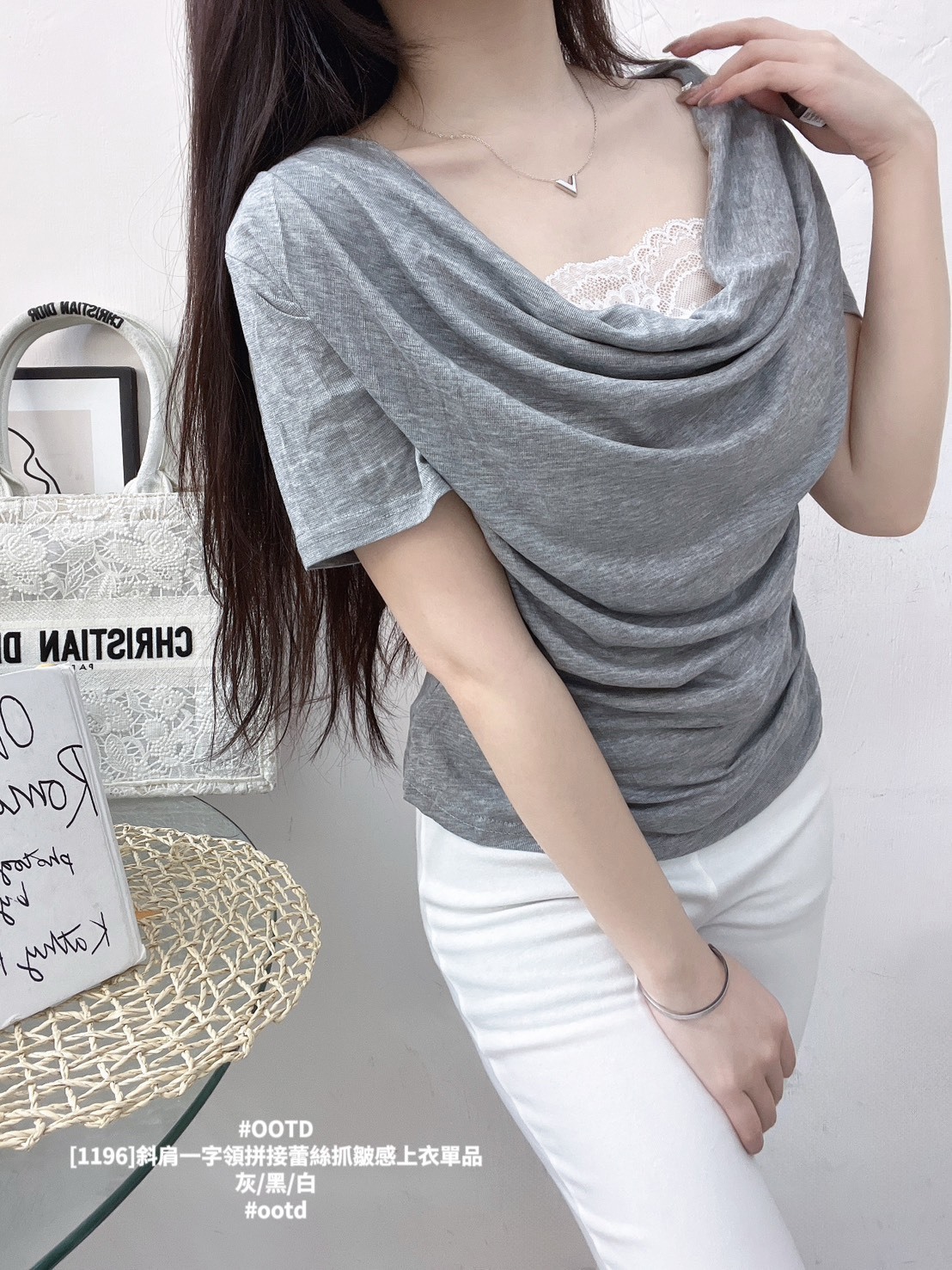 [1196]斜肩一字領拼接蕾絲抓皺感上衣單品 (5)