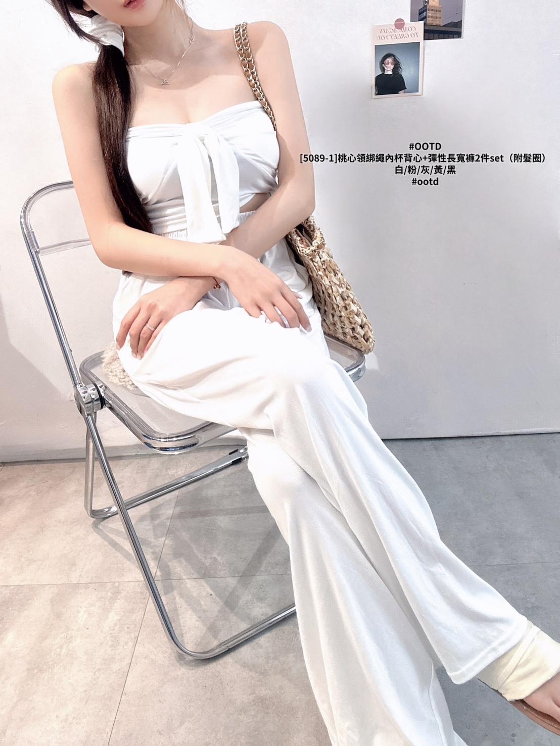 [5089-1]桃心領綁繩內杯背心+彈性長寬褲2件set（附髮圈） (2)