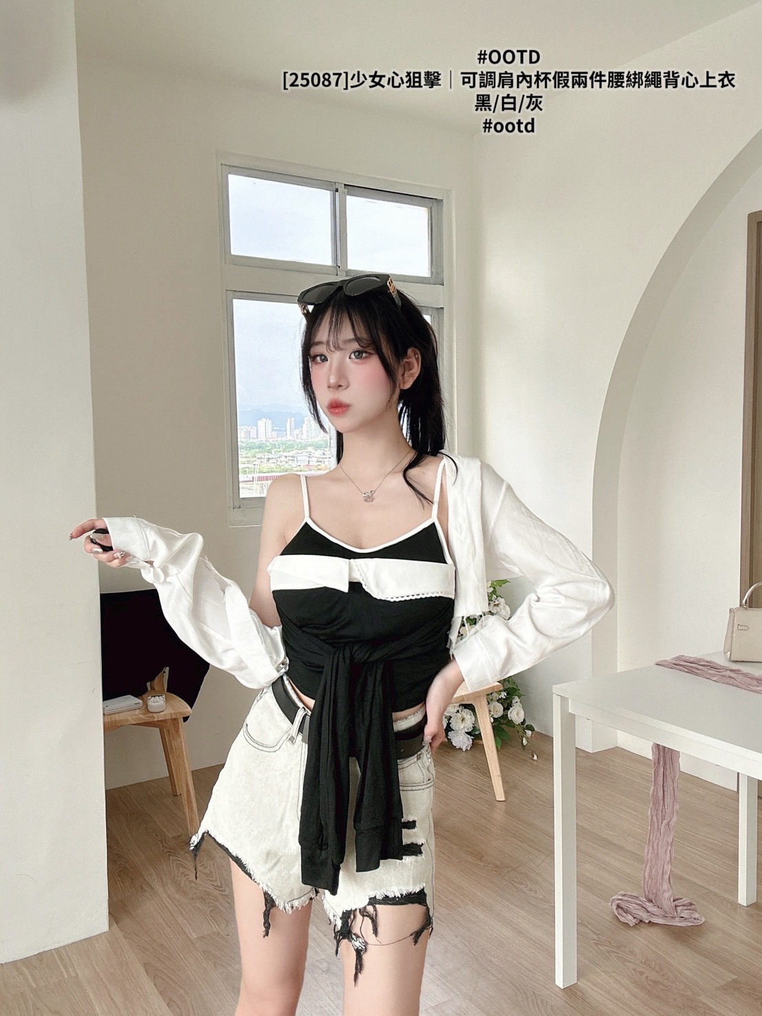 [25087]少女心狙擊｜可調肩內杯假兩件腰綁繩背心上衣 (6)