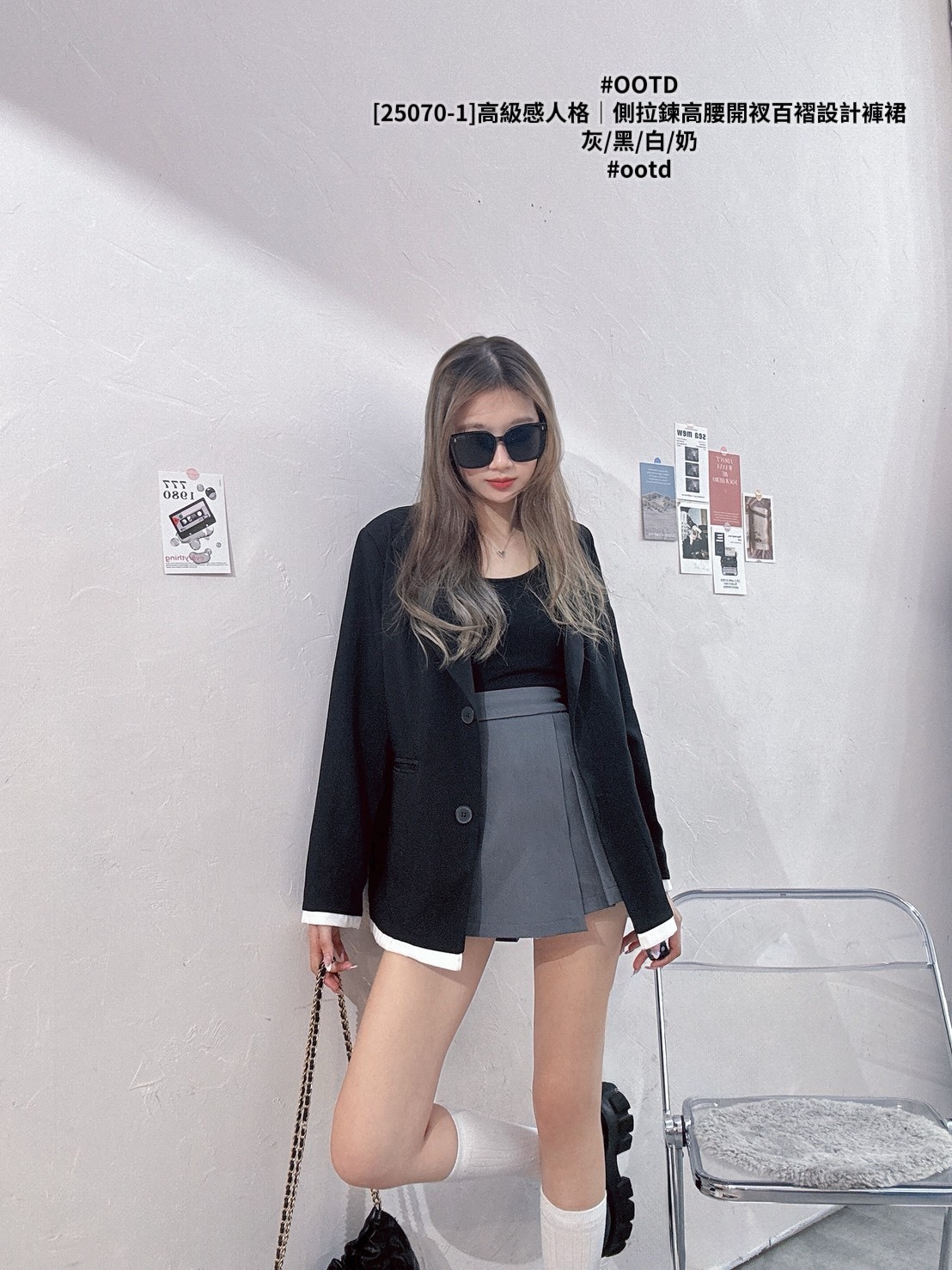 [25070-1]高級感人格｜側拉鍊高腰開衩百褶設計褲裙 (6)