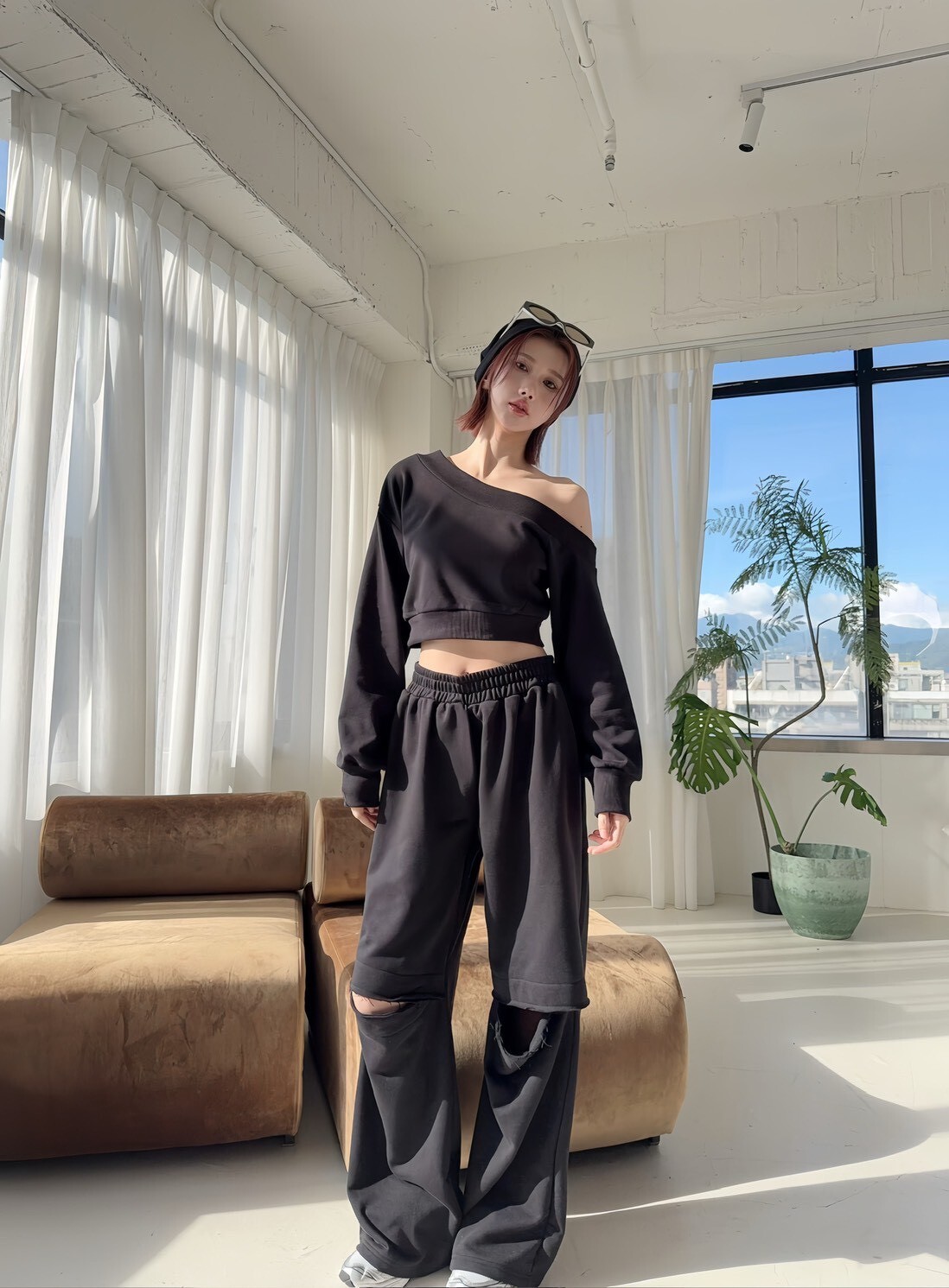 660 訂製款-棉質割破落地褲+斜肩上衣SET (2)