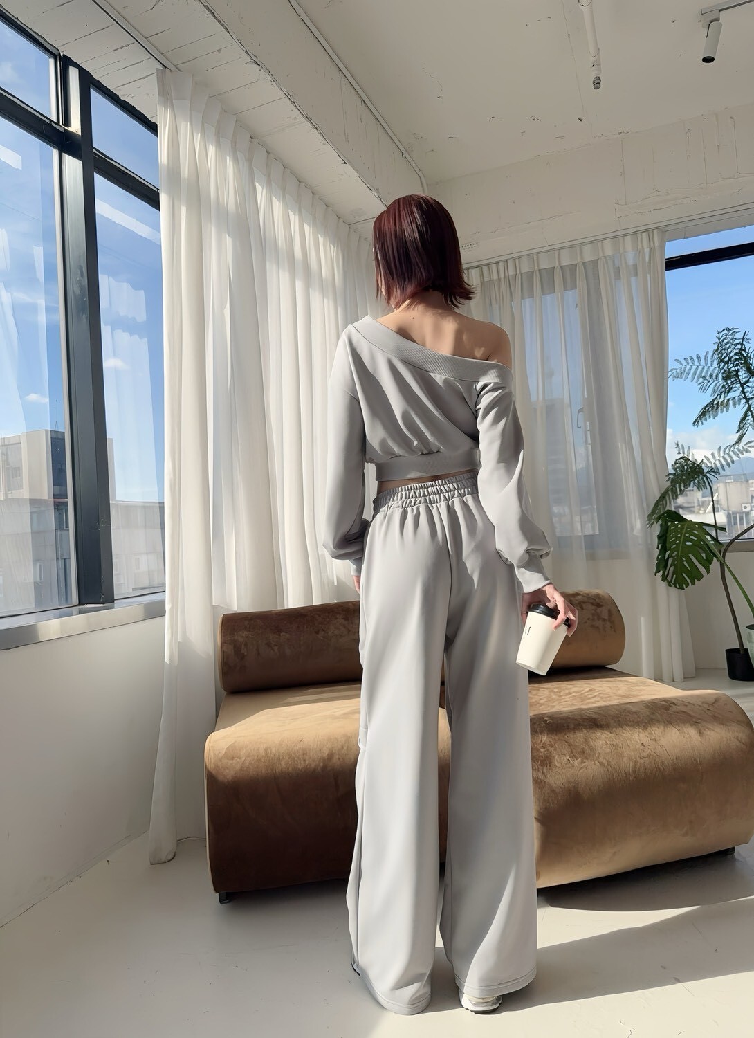 660 訂製款-棉質割破落地褲+斜肩上衣SET (5)