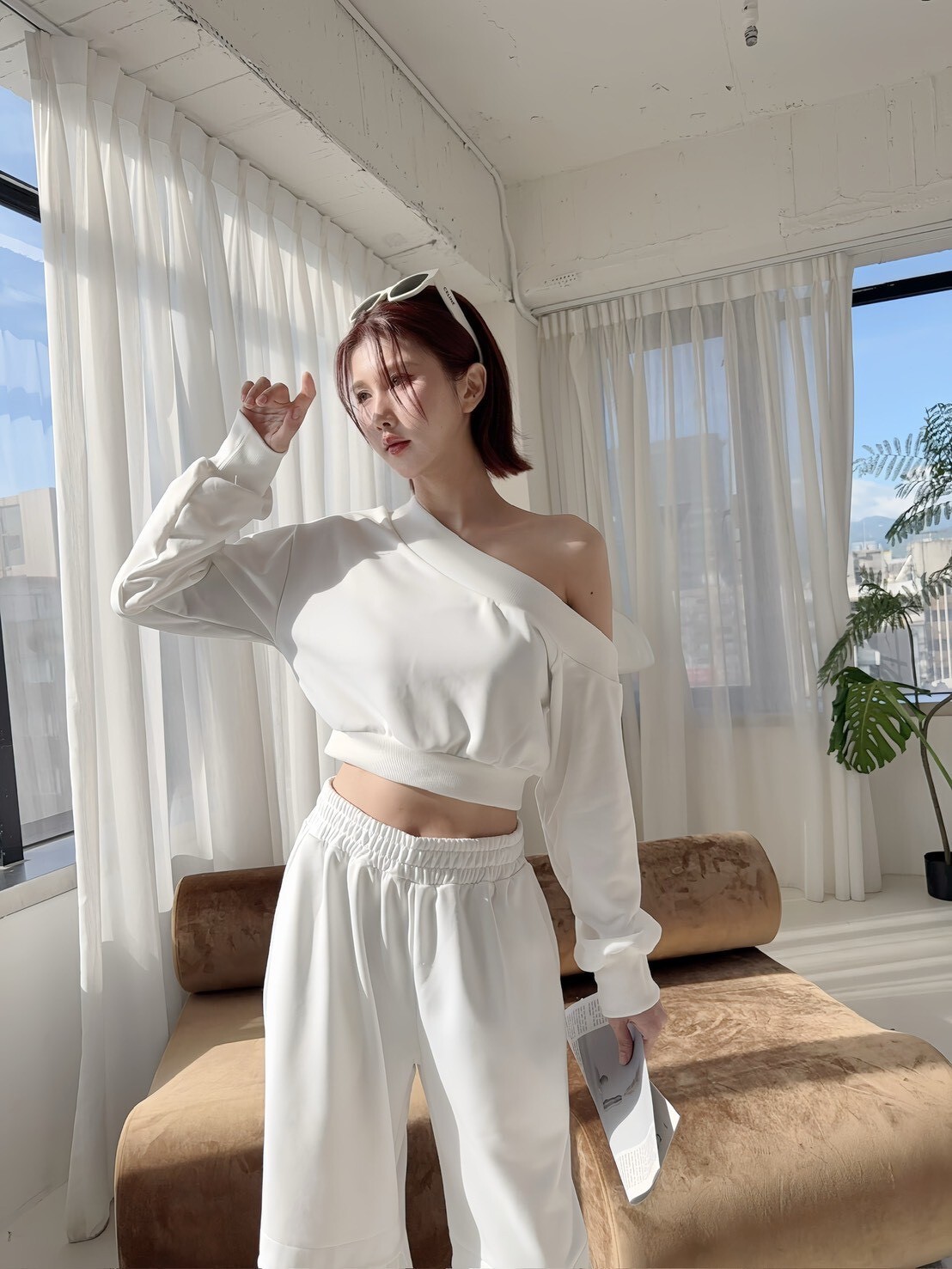 660 訂製款-棉質割破落地褲+斜肩上衣SET (4)