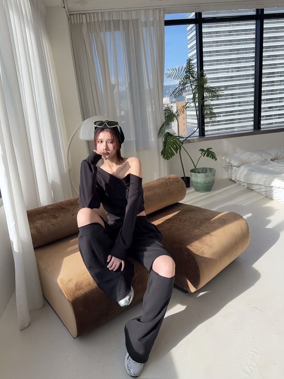 660 訂製款-棉質割破落地褲+斜肩上衣SET (3)