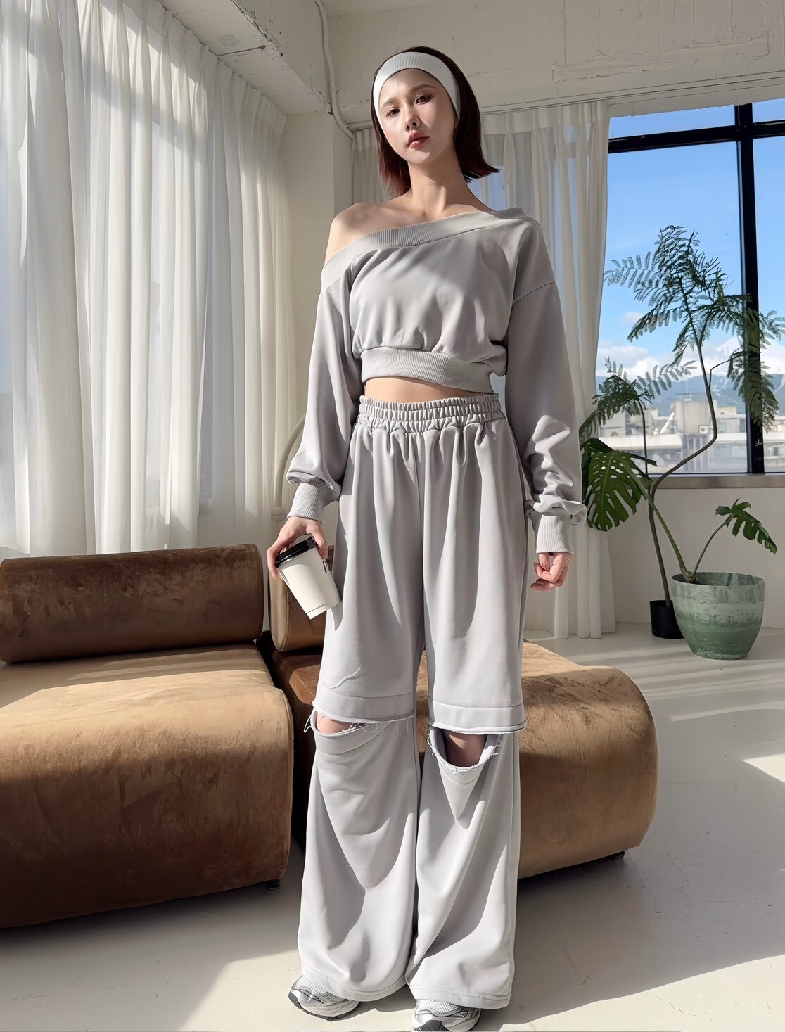 660 訂製款-棉質割破落地褲+斜肩上衣SET
