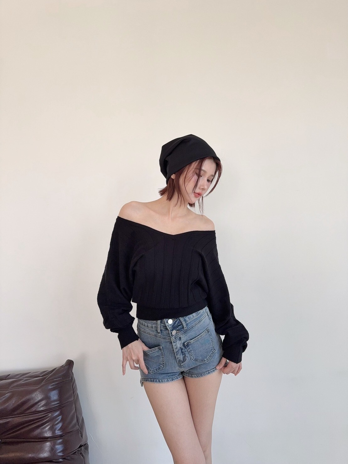 6005 日常款坑條V領泡泡袖針織上衣 (4)