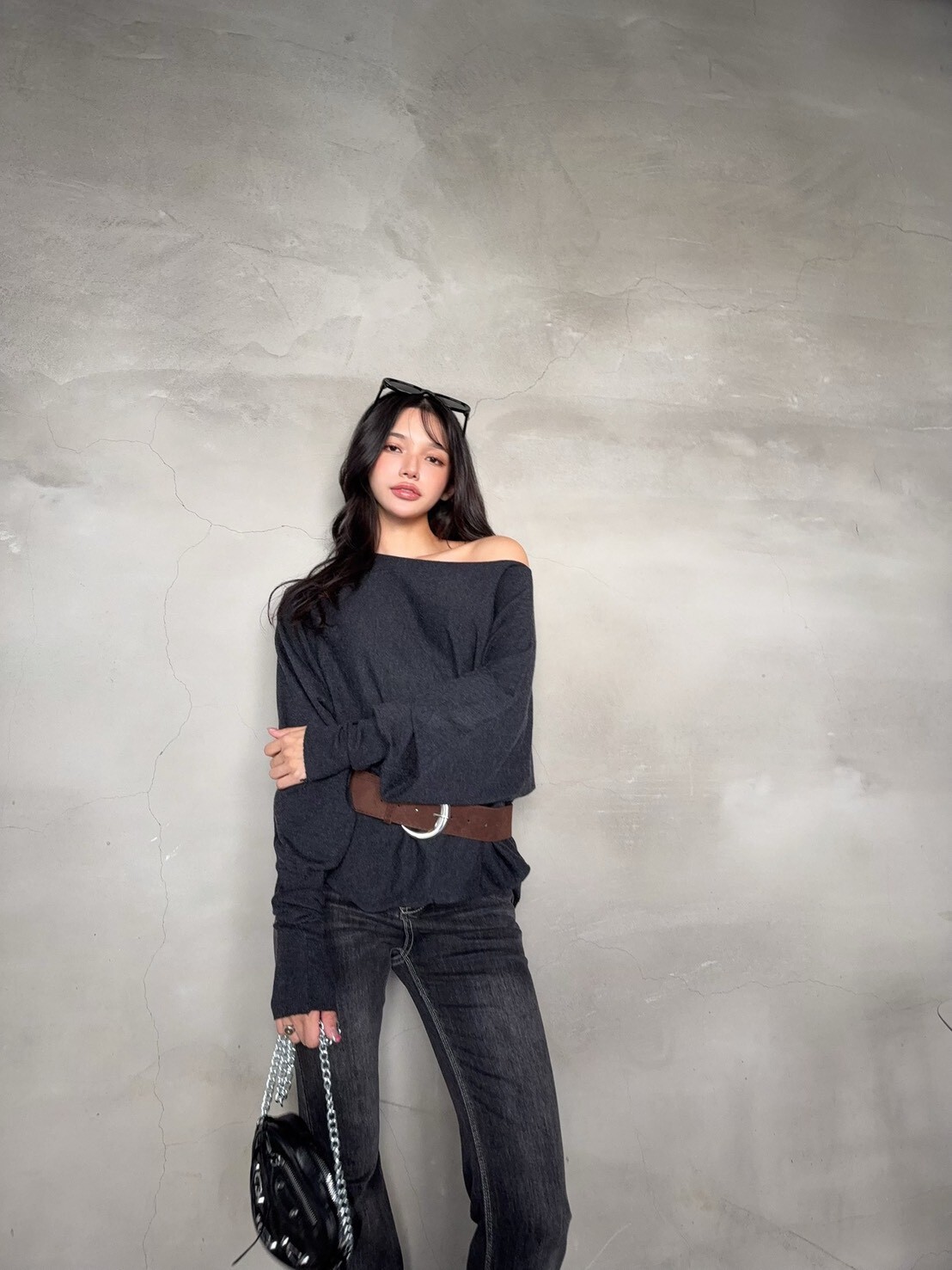 8855 鬆弛感蝙蝠袖針織上衣+皮帶