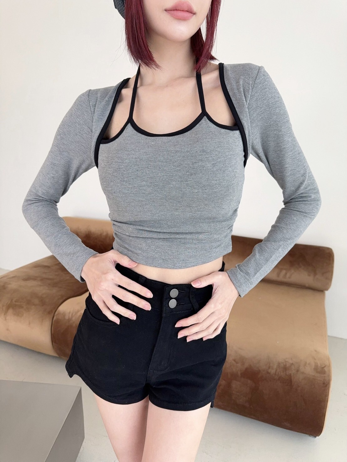 3038 訂製款-滾邊繞脖側抓皺假兩件胸墊上衣 (10)