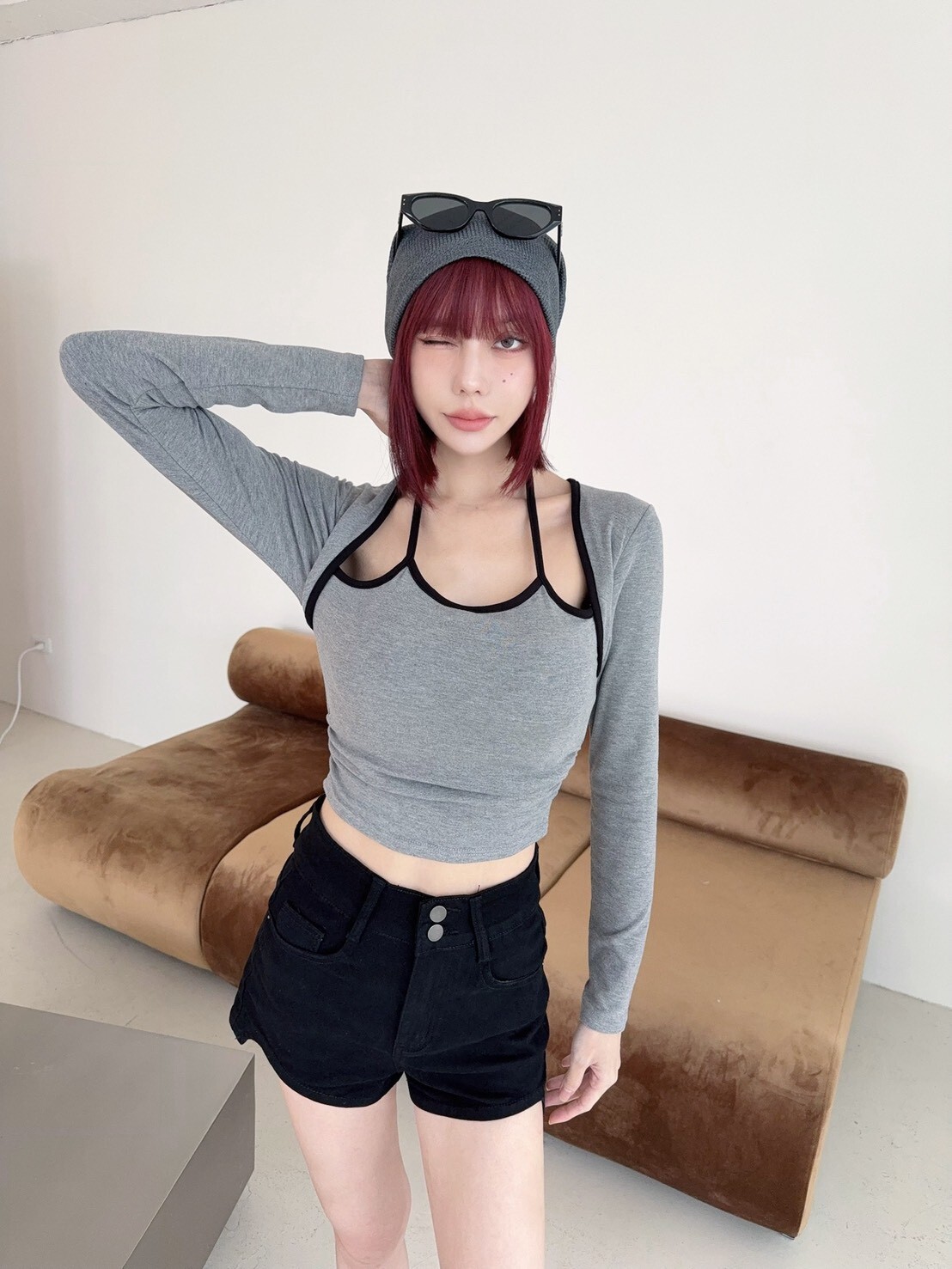 3038 訂製款-滾邊繞脖側抓皺假兩件胸墊上衣 (9)