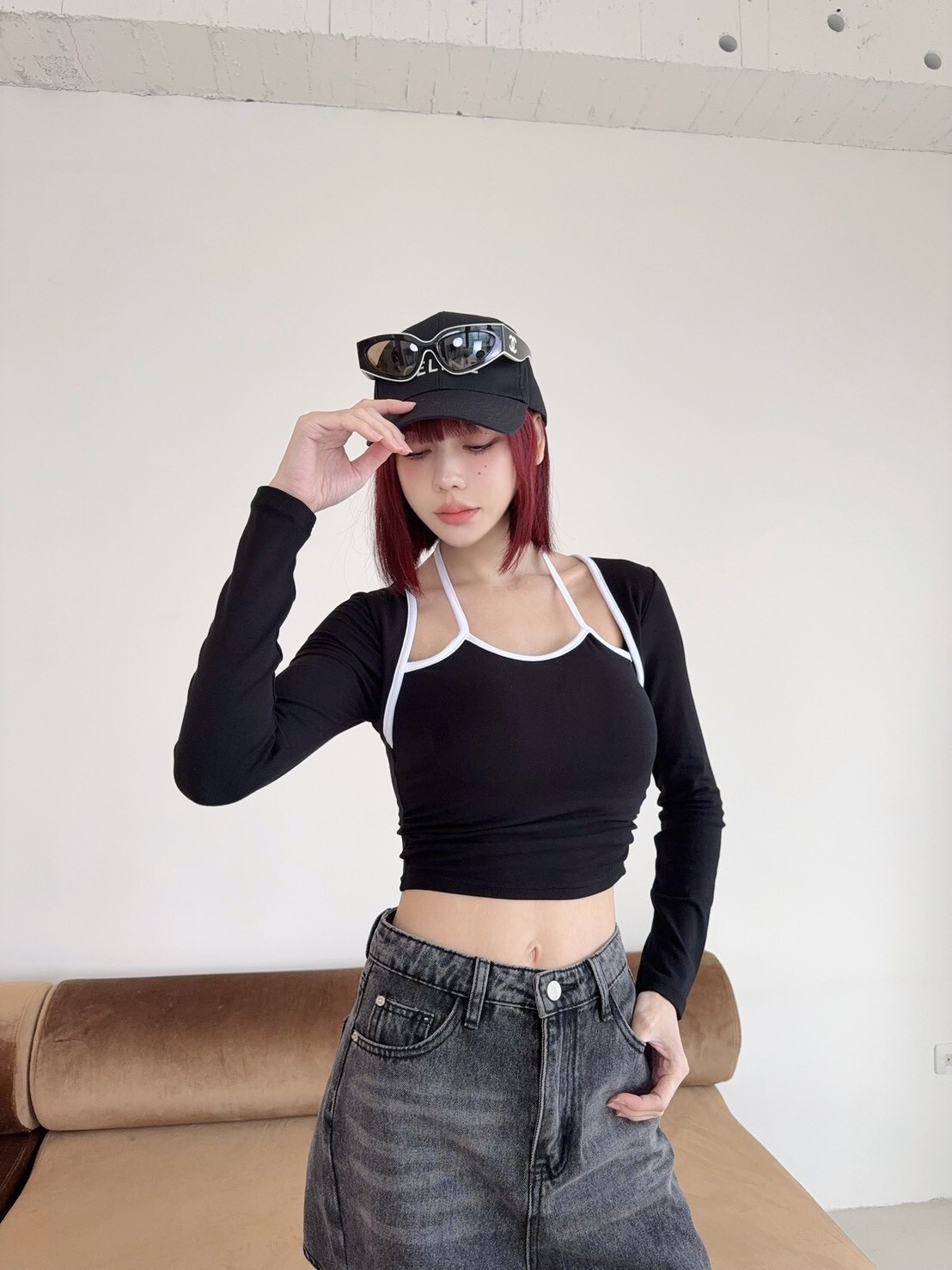 3038 訂製款-滾邊繞脖側抓皺假兩件胸墊上衣 (5)