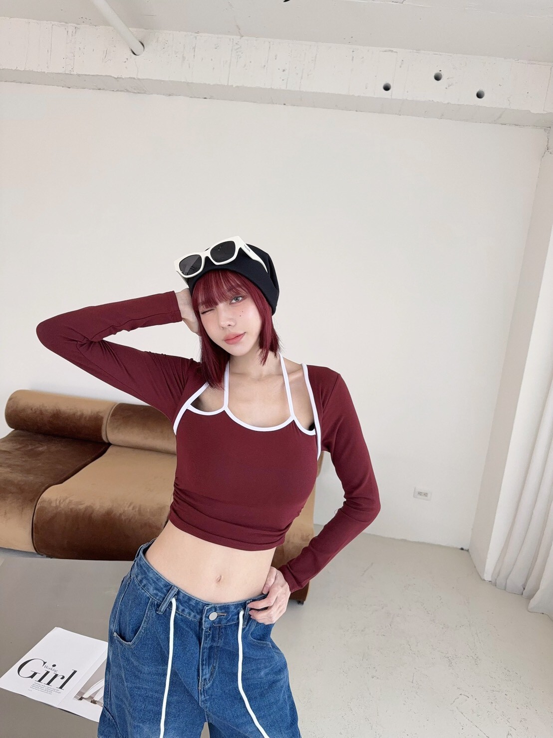 3038 訂製款-滾邊繞脖側抓皺假兩件胸墊上衣 (2)