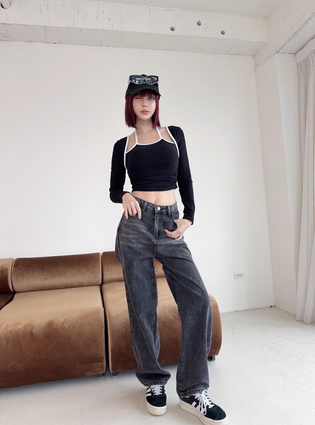 3038 訂製款-滾邊繞脖側抓皺假兩件胸墊上衣 (4)