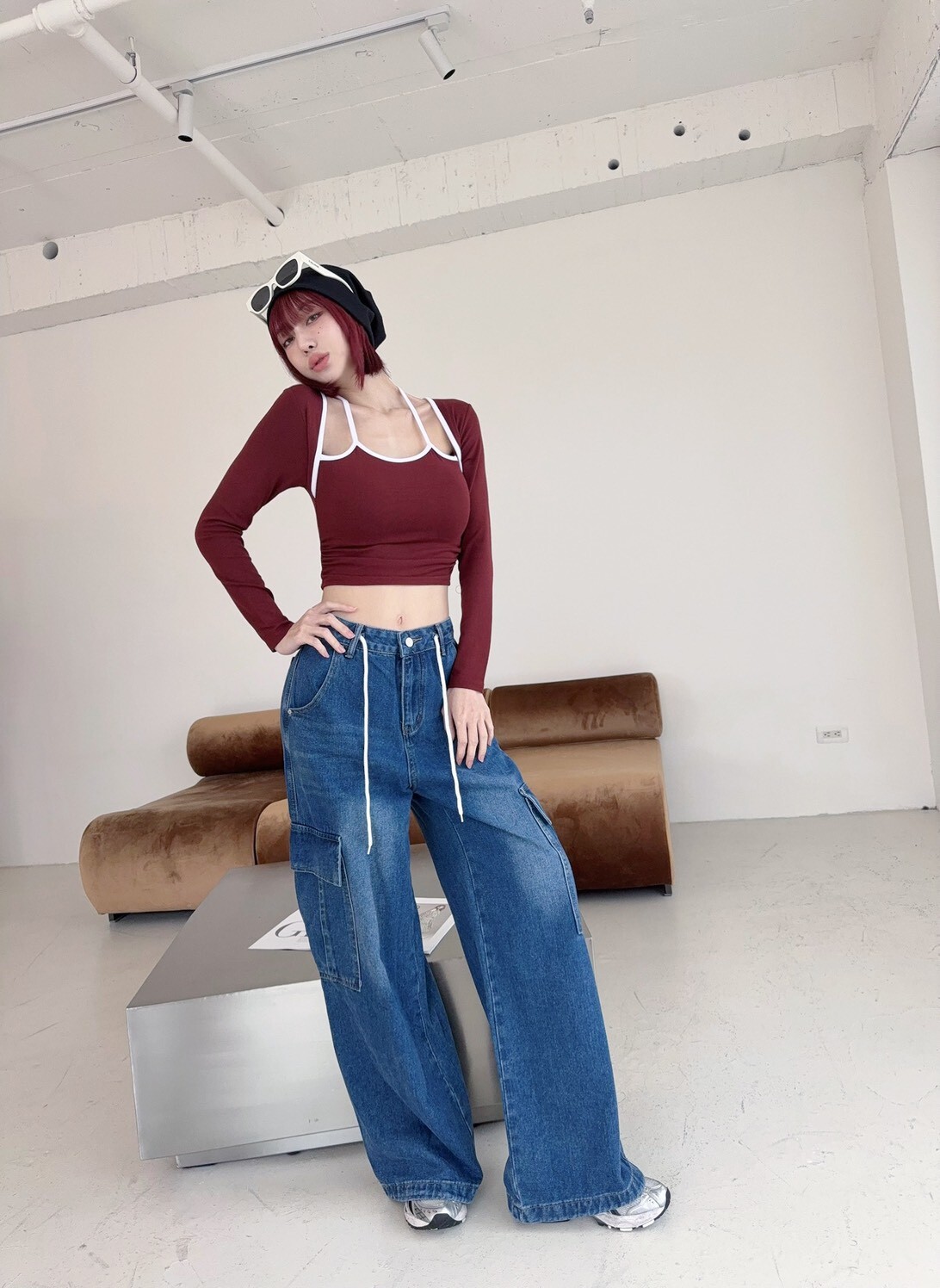 3038 訂製款-滾邊繞脖側抓皺假兩件胸墊上衣