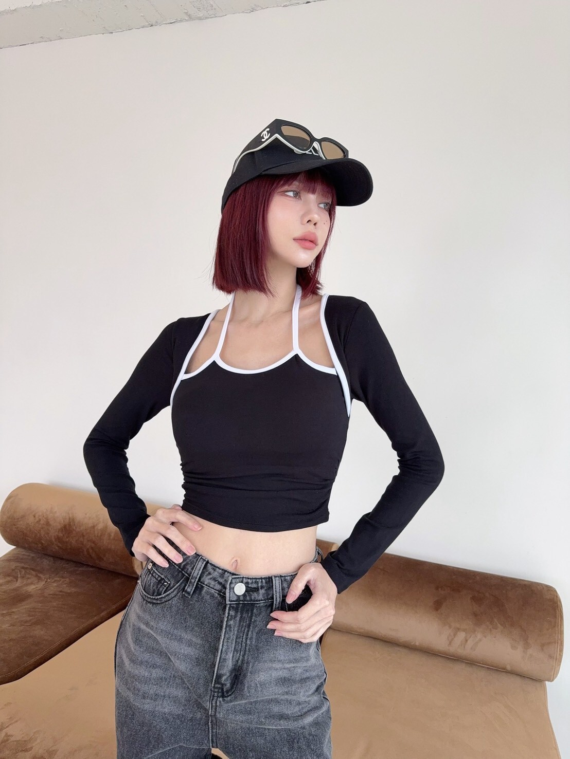 3038 訂製款-滾邊繞脖側抓皺假兩件胸墊上衣 (3)