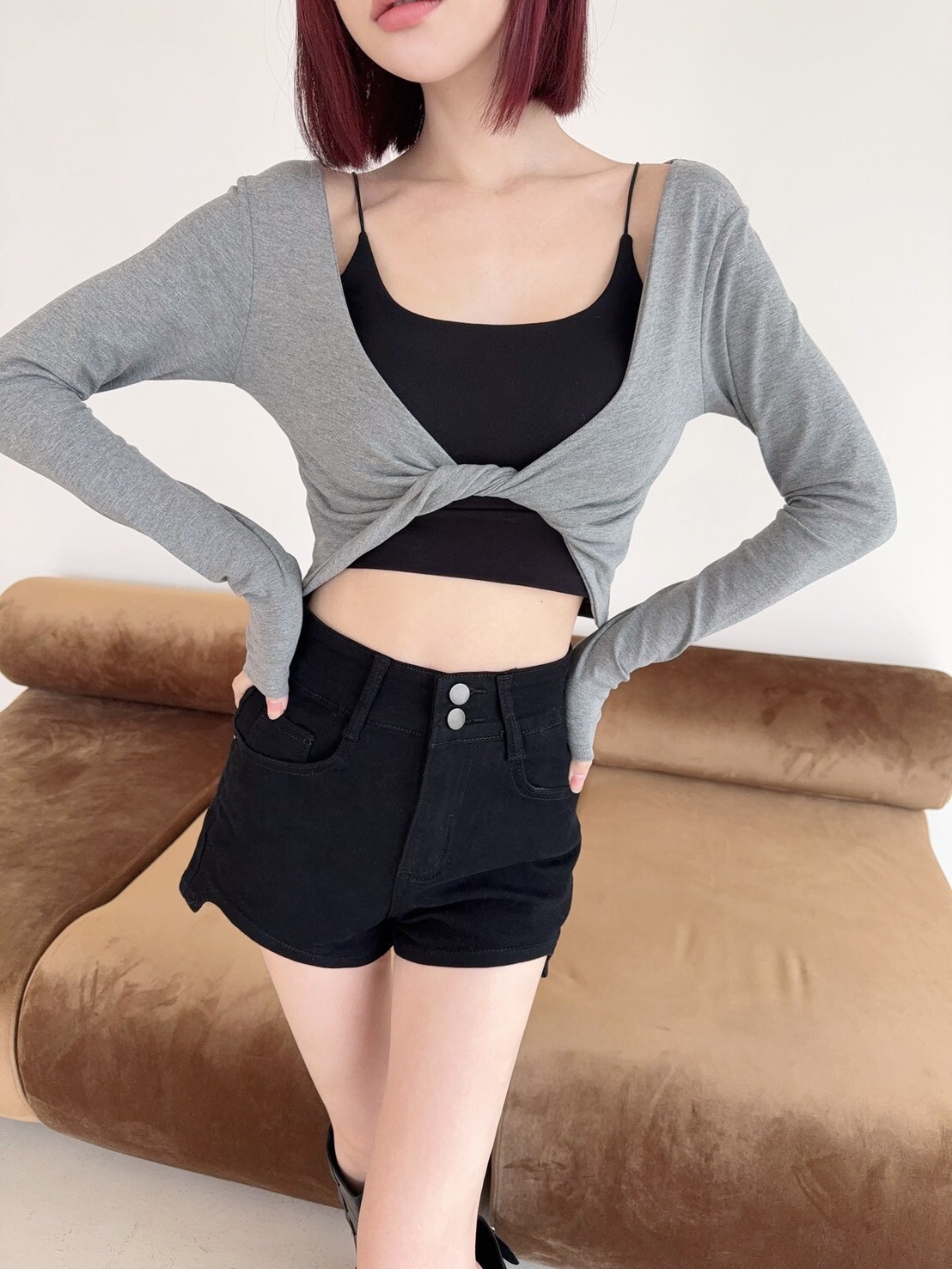 3022 訂製款-撞色扭結造型外衣+細肩背心兩件套 (3)