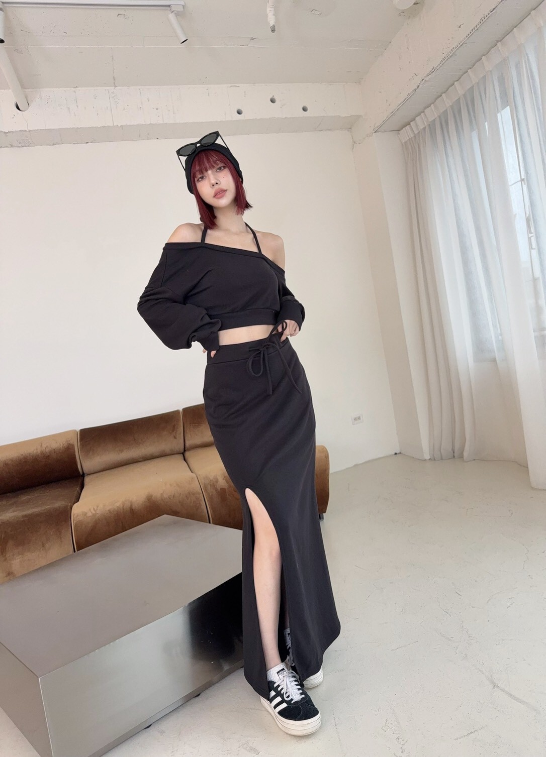 673 訂製款-斜肩綁脖上衣+抽繩開衩長裙SET (9)