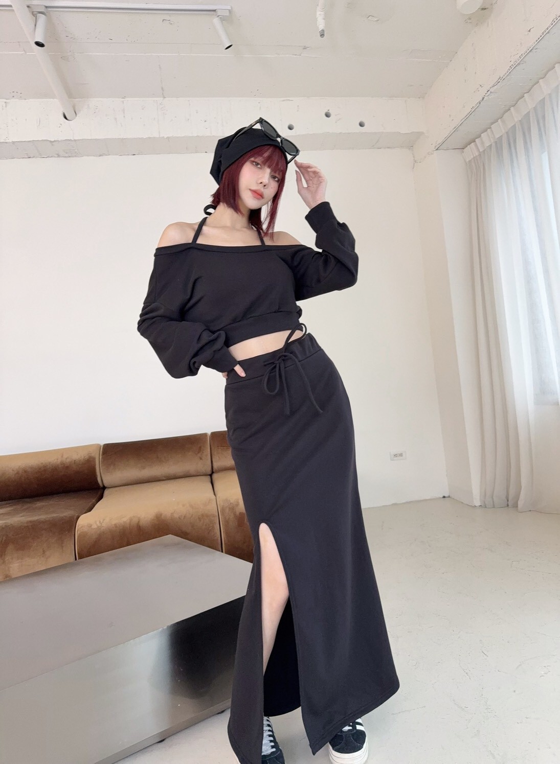 673 訂製款-斜肩綁脖上衣+抽繩開衩長裙SET (7)