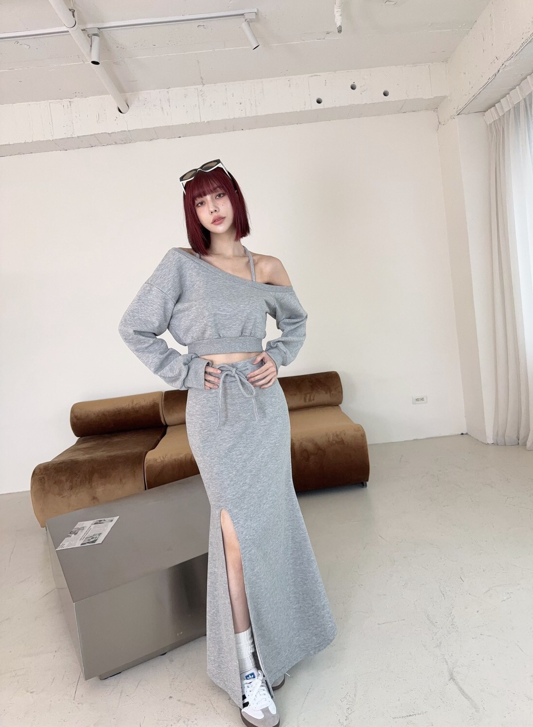 673 訂製款-斜肩綁脖上衣+抽繩開衩長裙SET (3)