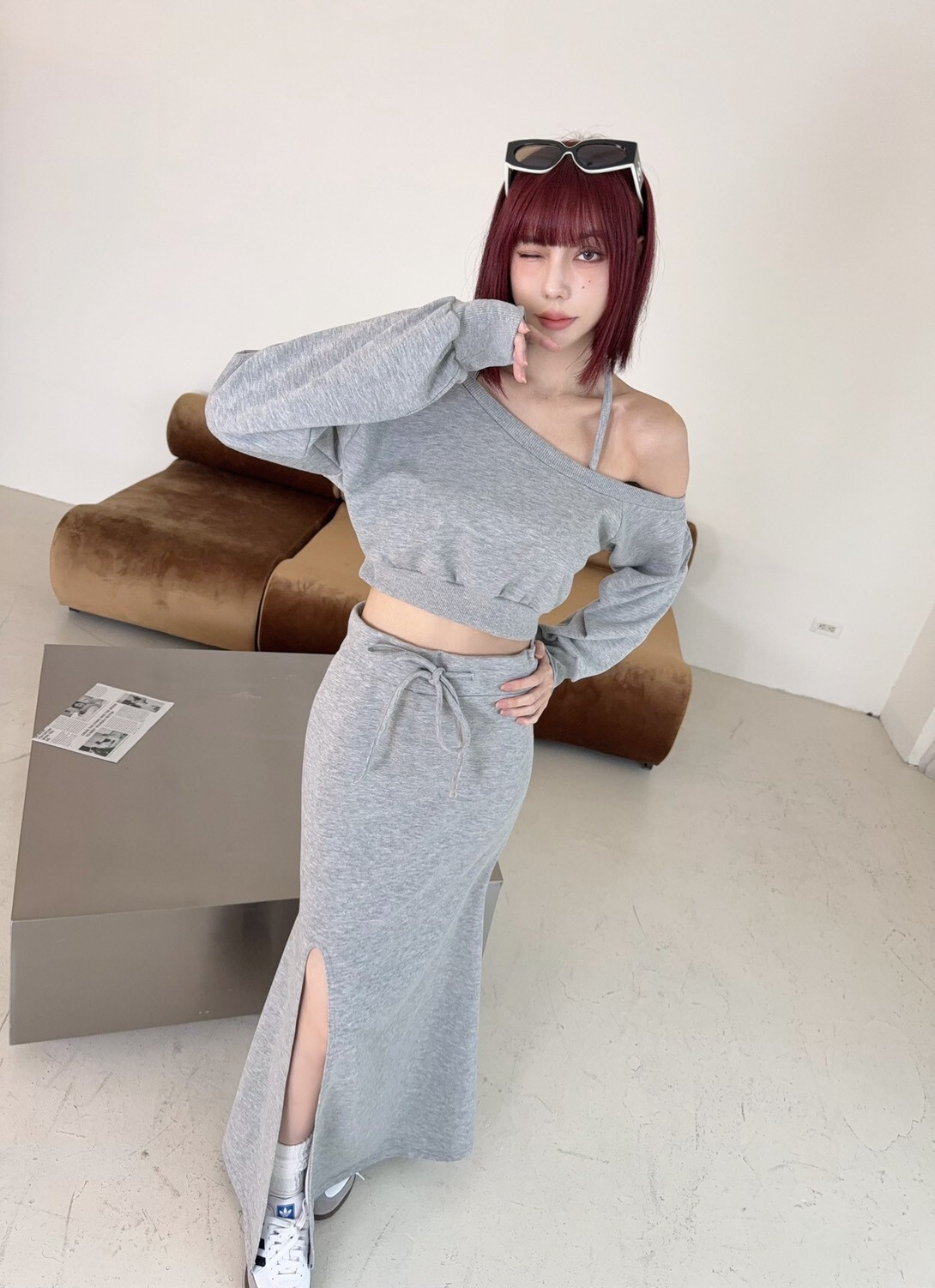 673 訂製款-斜肩綁脖上衣+抽繩開衩長裙SET (2)