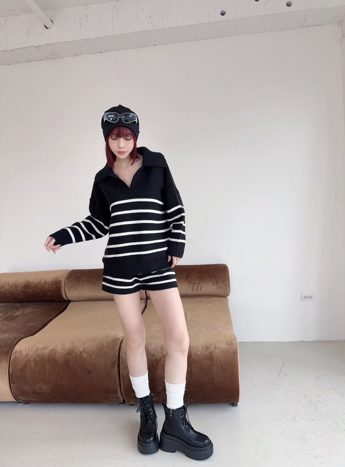 1865 韓系慵懶翻領針織條紋SET (4)